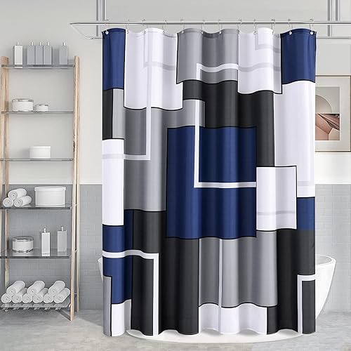 Miniatura 7 de Juego de cortinas de ducha azul con ganchos, cortinas de ducha Morden azul y blanco para baño, cortinas de baño geométricas abstractas grises,