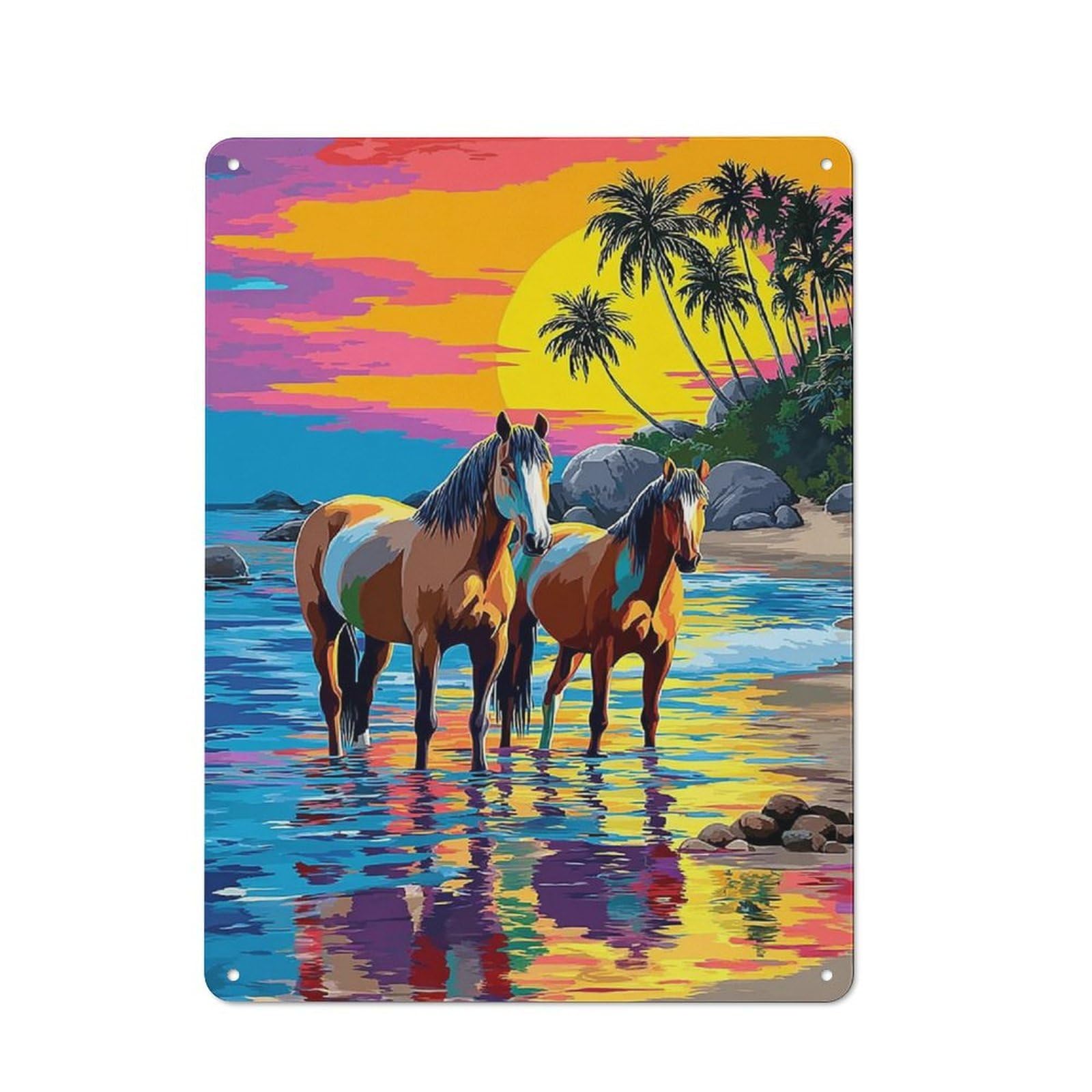 Junmoney Beach Sunset Horses Art Print -1 Tin Wall Plaque 40X30cm With For Café Or Restaurant, Suited To Restaurant Decor Fans
