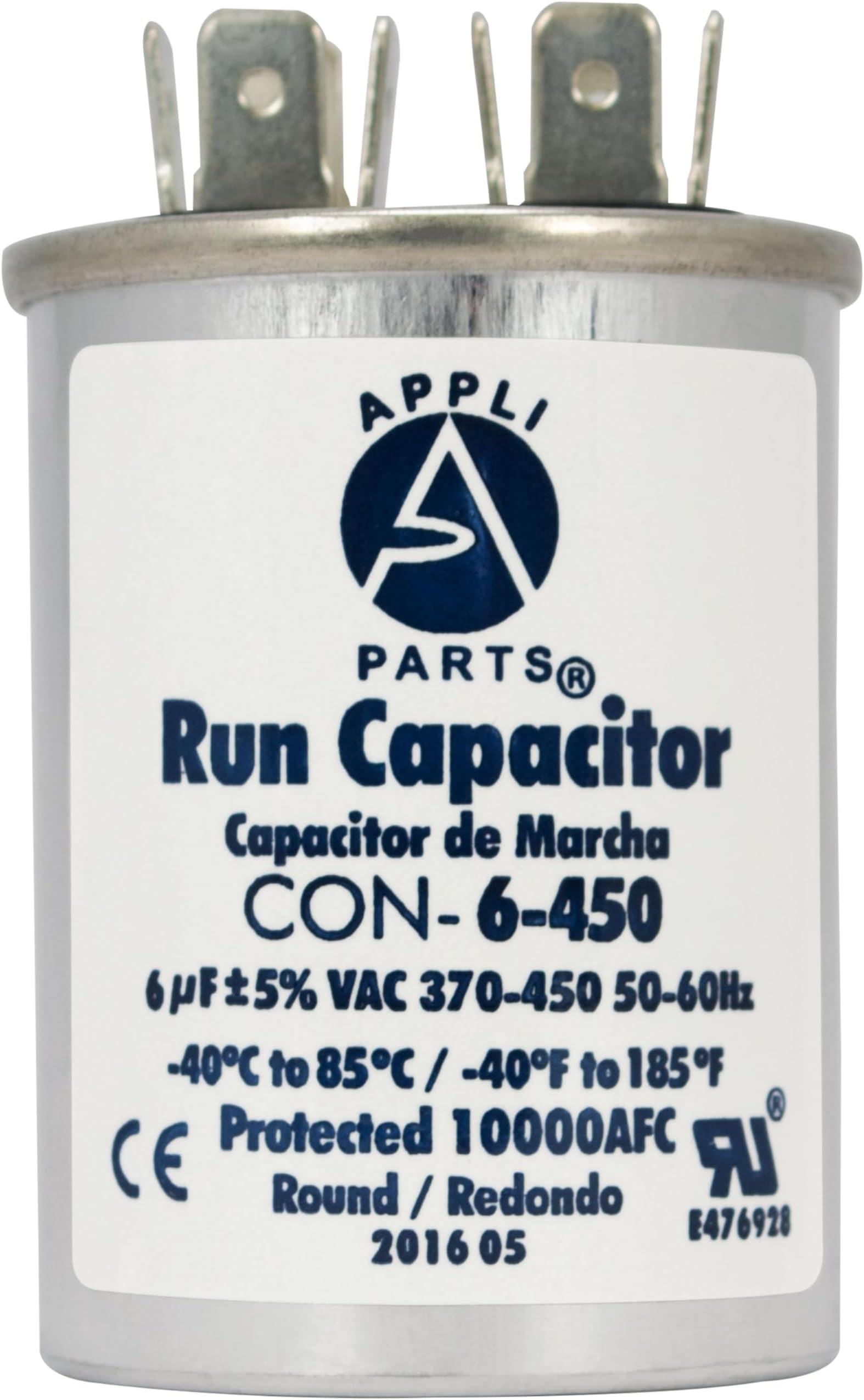 Appli Parts Run Capacitor for ac 6 Mfd uF (microfarads) 370 VAC or 450 VAC CBB65 Round Universal fit for hvac and other applications 2-1/2 in High 1-1/2 in Wide CON-6-450