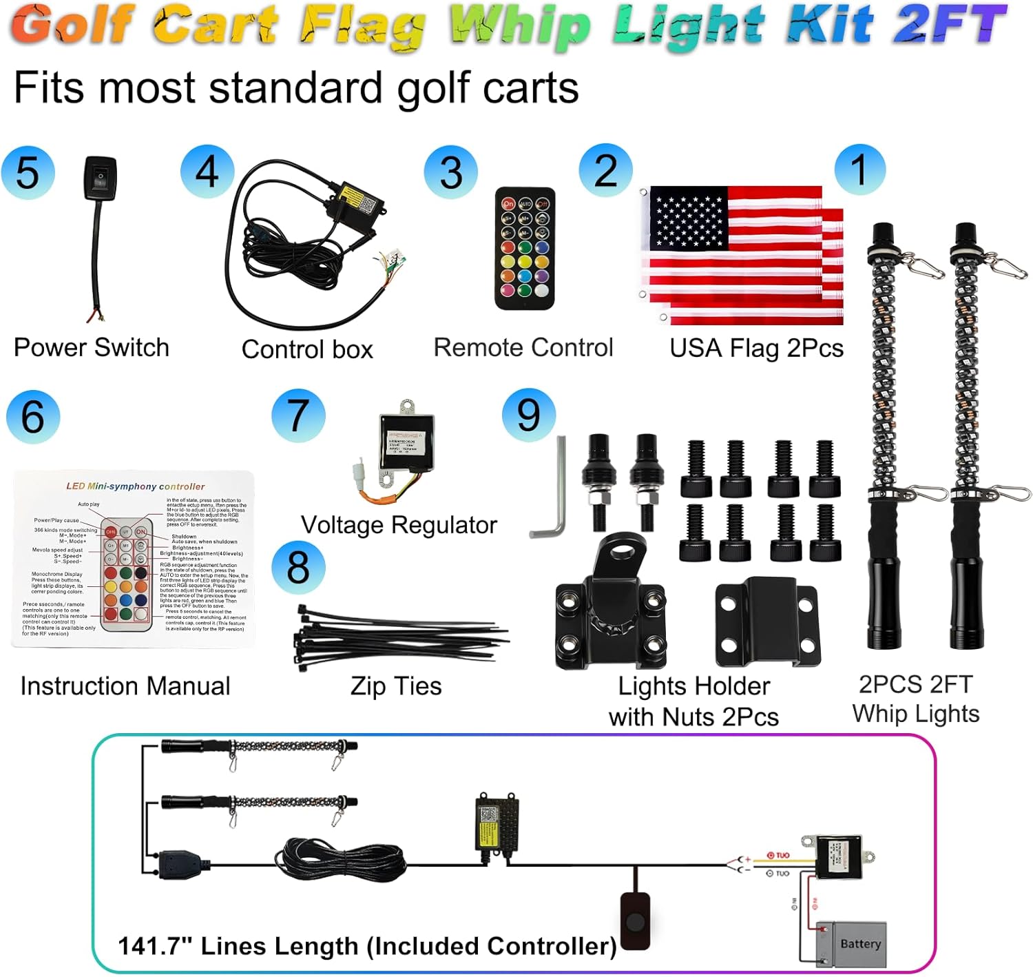 2PCS 2FT Whip Lights for All Golf Cart Yamaha Club Car Ezgo with Spring Base, Buletooth APP & Remote Contral with Turn Signal Brake Lights,IP68 Waterproof Spiral RGB LED Chasing Light