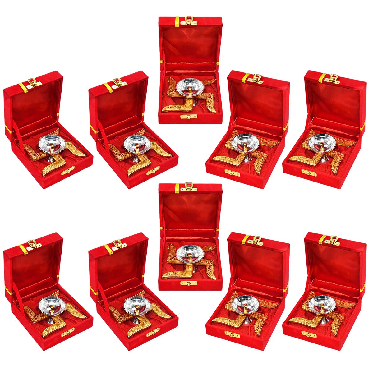 Saugat Traders Diwali Corporate Bulk Gifts for Employees, Clients - Pack of 10 Swastik Diya with Velvet Gift Box for Corporate Office, Family, Friends - Spiritual Housewarming Return Gifts