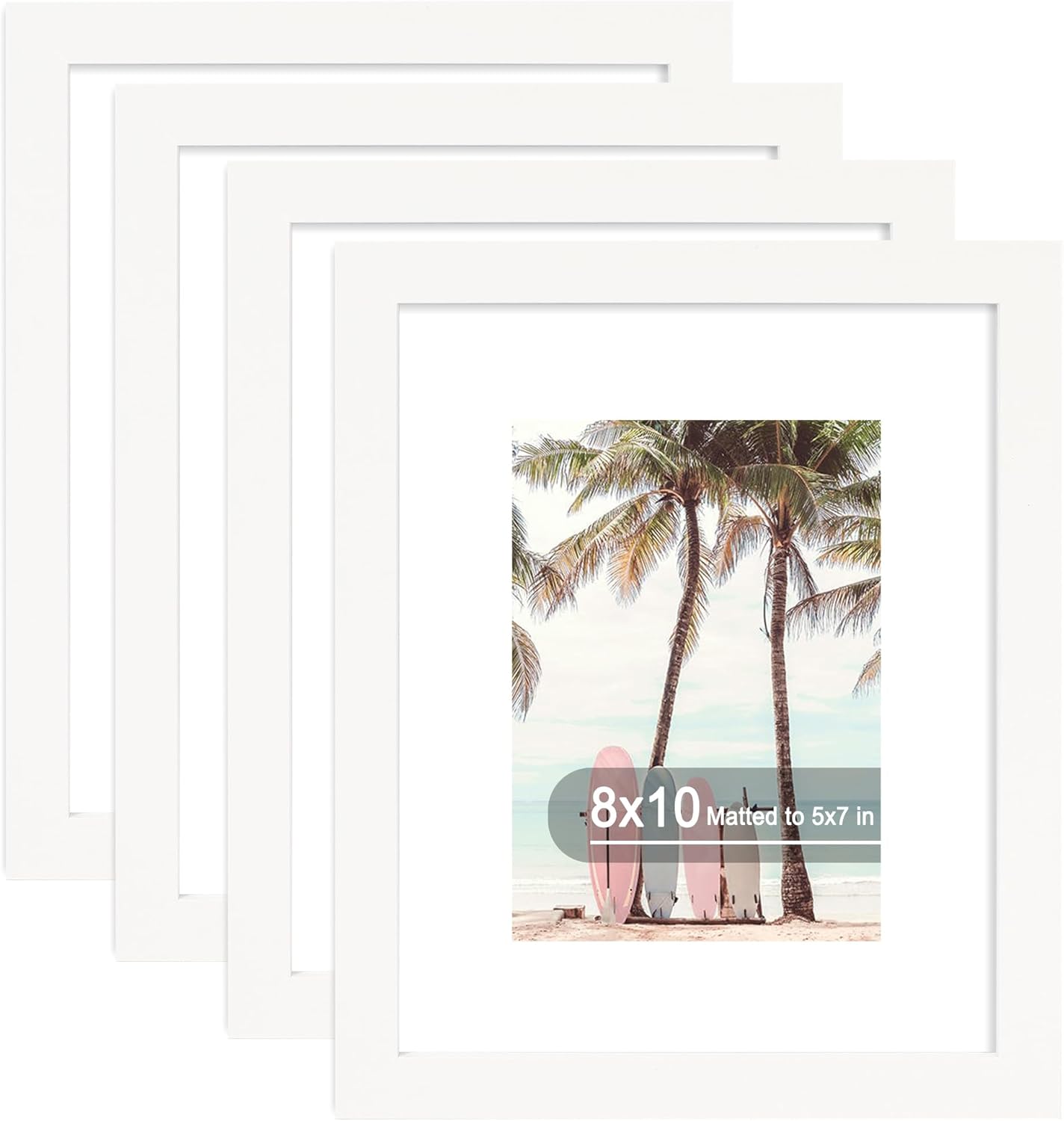 Hongkee 8x10 Picture Frame (4 Pack, White) Made of Real Glass and Wooden Frame - Display Pictures 5x7 with Mat or 8x10 Without Mat, 8 by 10 Photo Frames TableTop Display and Wall Mounting