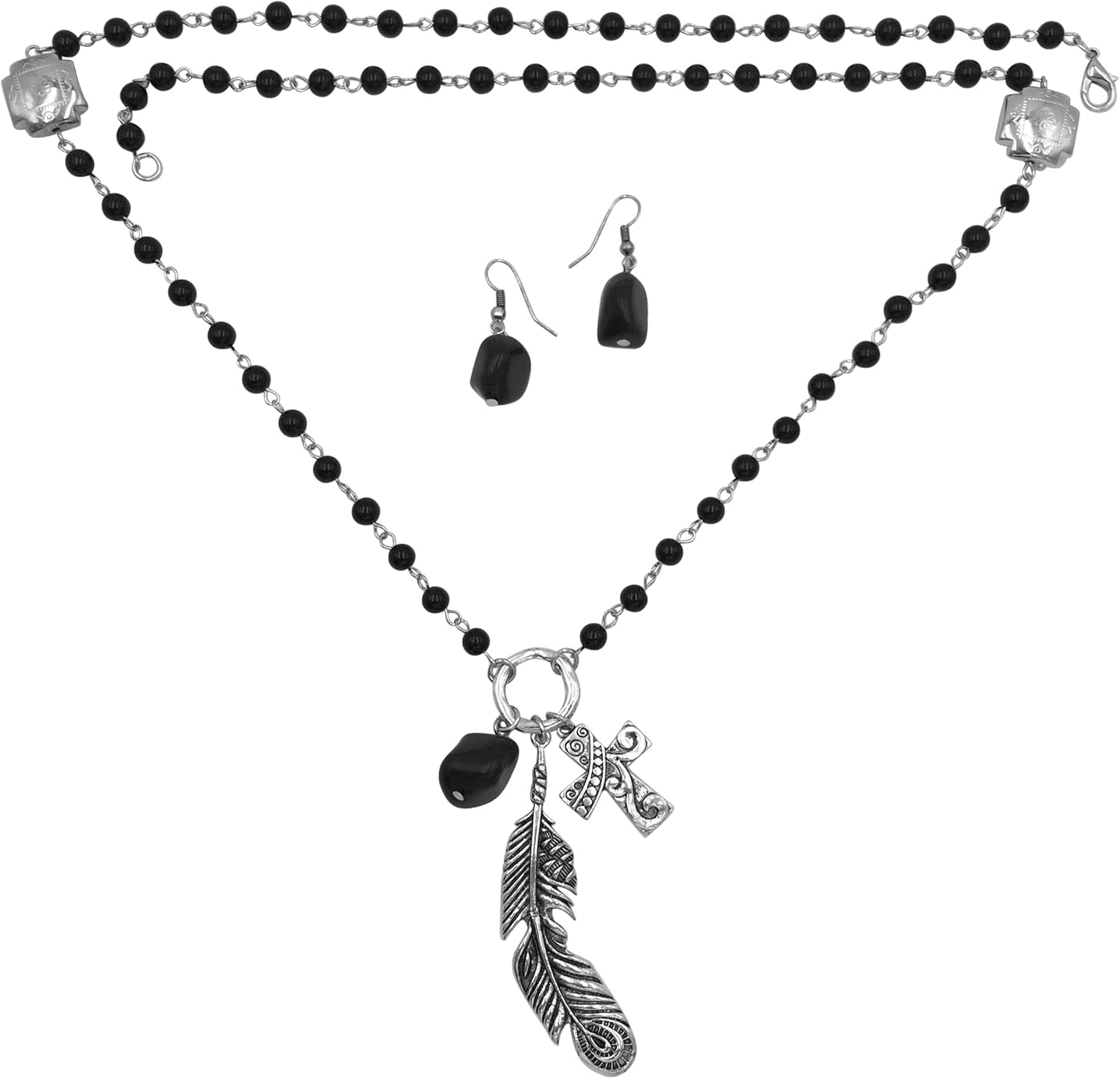 Gypsy Jewels Faith Cross Theme Mixed Charm Long Western Necklace Earrings Set