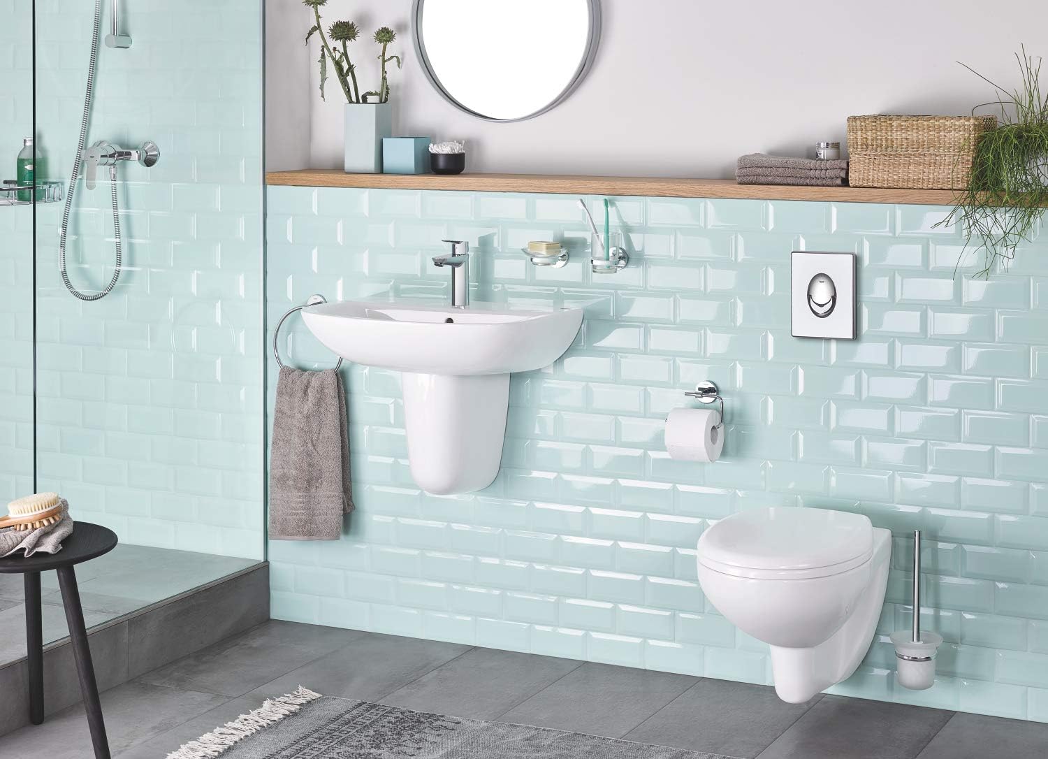GROHE 39426000 Semicolonna installed in a modern bathroom with light blue tiles