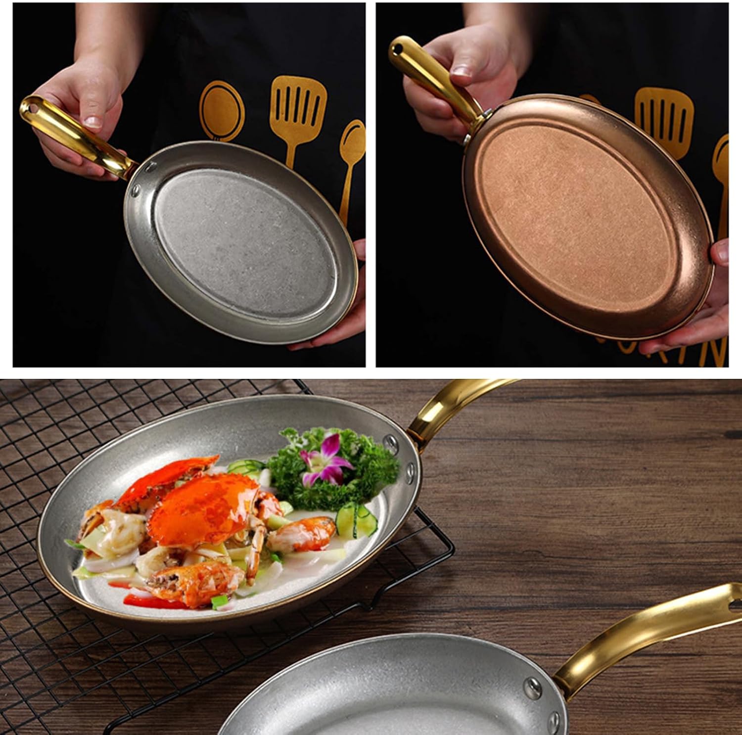 Paella Pan Stainless Steel Seafood Skillet Pan Nonstick Frying Pan with Rivet Handle Dishwasher and Oven Safe, Paella Cookware Pot for Home Cooking Cookware Kitchen,Rose Gold,18cm/7.1inch