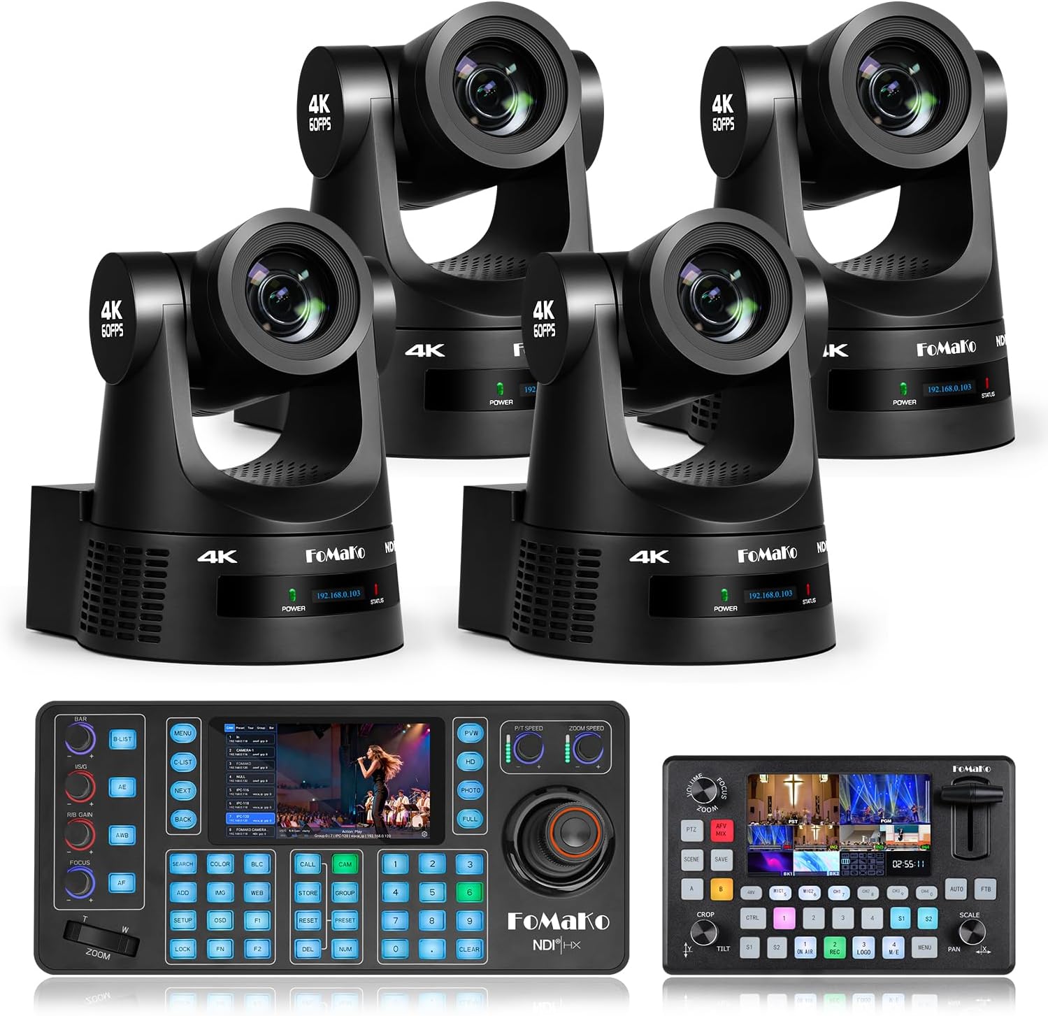 FoMaKo 4K 60fps NDI PTZ Camera, Supports NDI HX3 4K 60fps Output, 20x Optical Zoom, NDI PTZ Camera Controller KC608N for E-Commerce & Brand Promotion Livestreaming（K600NX4+KC608N+KC601 Pro