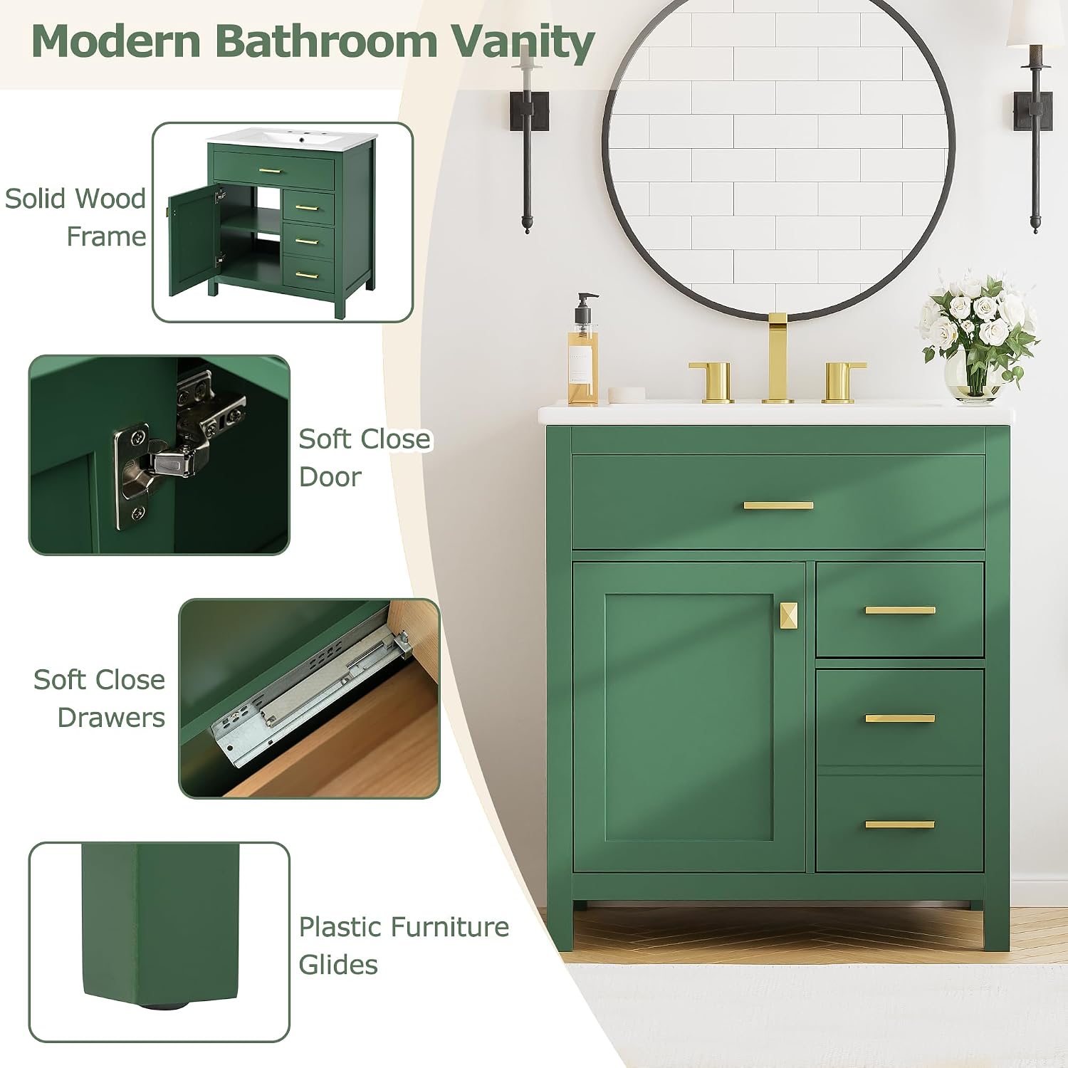 Merax 30" Bathroom Vanity with Ceramic Sink, Free Standing Single Basin Vanity Set with Tip-Out and Pull Out Drawer, Modern Solid Wood Vanity Cabinet for Bathroom, Green