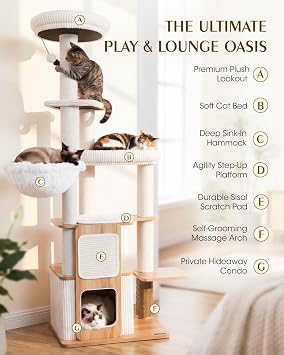 Wood Cat Tree for Indoor Cats, Modern Cat Tower with Sisal Posts