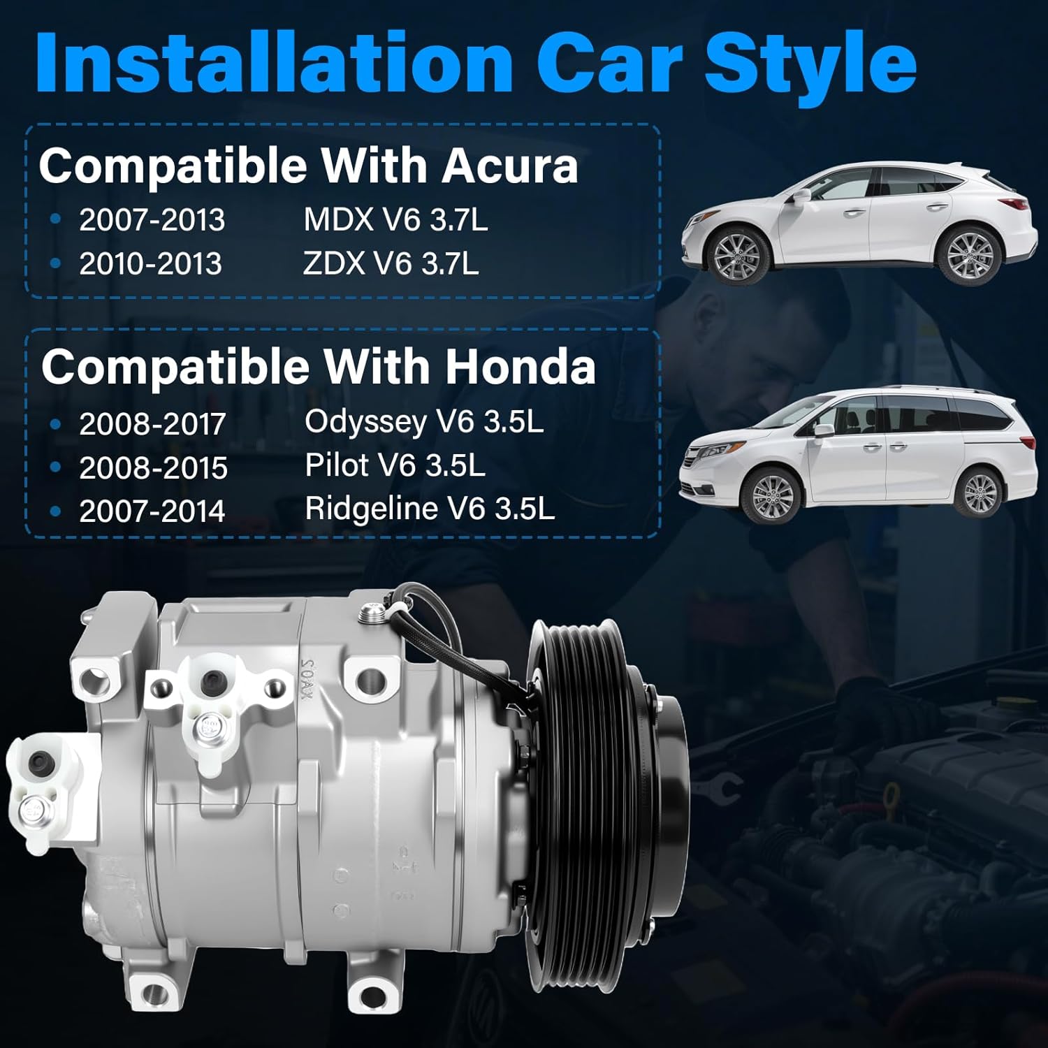 NEW Air Conditioner AC Compressor w/Clutch Compatible with 2007-2013 Acura MDX, 2013-2010 ZDX, 2008-2017 Honda Odyssey, 2008-2015 Honda Pilot, 2009-2014 Honda Ridgeline