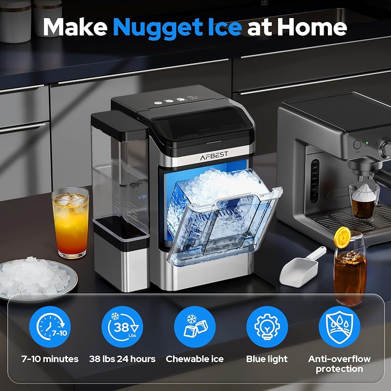 AFBEST Professional Nugget Ice Maker Machine - 38 lbs/24H Output, Chewable Soft Ice, One-Touch Self-Cleaning, 3L+1.5L Dual Tank Design, Portable Countertop Ice Maker for Kitchen, Bar, Office, Party image 2