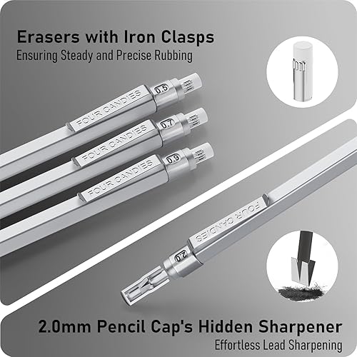 Miniatura 3 de Four Candies Metal Mechanical Pencil Set, 3PCS Art Drafting Pencils 0.5, 0.7, 0.9MM & 2PCS 2MM Mechanical Drawing Pencils with 420PCS Leads (4B 2B