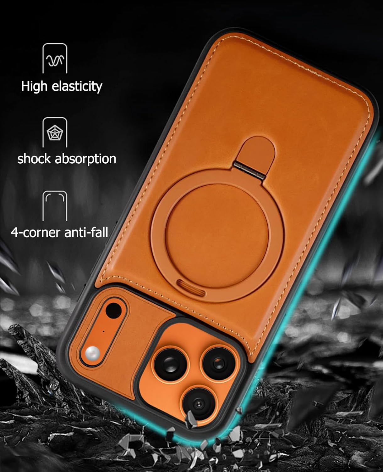for iPhone 17 Pro Leather Case with Magnetic Ring Holder,[Compatible with Wireless Charging] Luxury Slim Shockproof Non-Slip Protective Kickstand Cover for iPhone 17 Pro (Brown) - Image 6