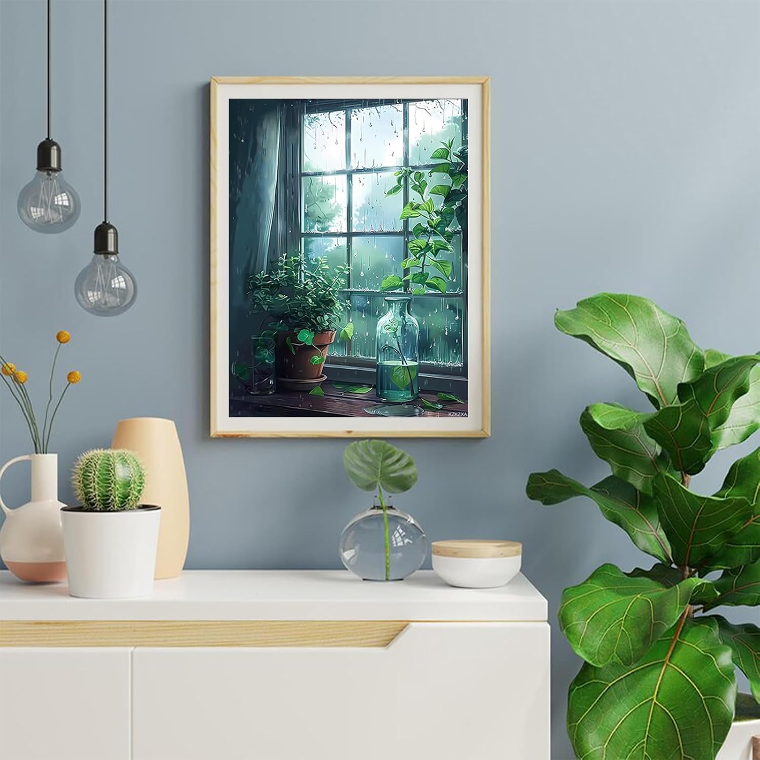 KZKZXA 5D Diamond Painting Kits The Rainy Day Windowsill Diamond Art Kits for Adults DIY Rain Round Full Drill Paintings with Diamonds Gem Art for Adults Home Wall Decor 12x16 inch