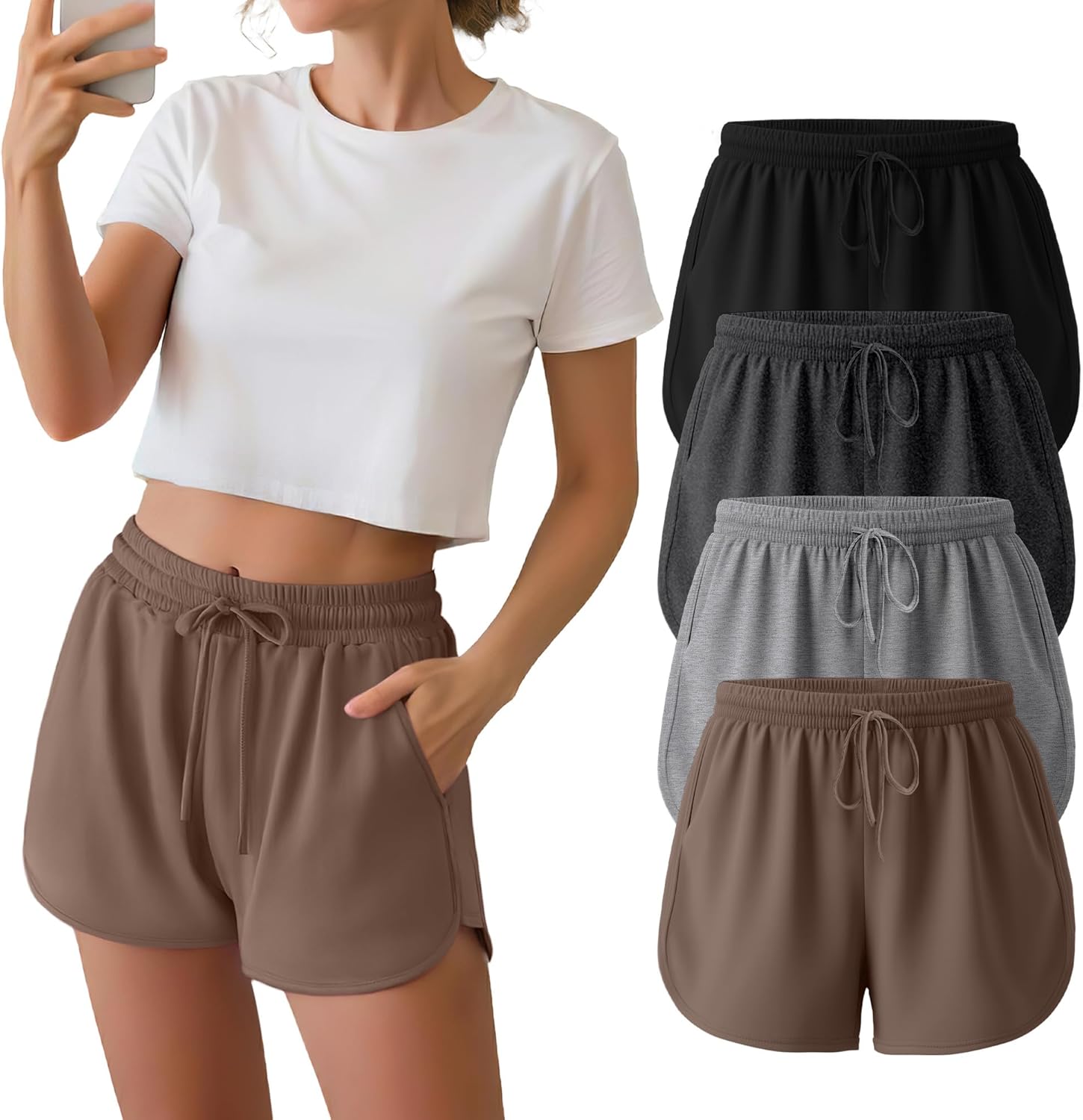 Neer 4 Pack Women's Sweat Shorts Athletic Casual Workout Shorts Loose Drawstring Summer Gym Lounge Sweatpants with Pocket
