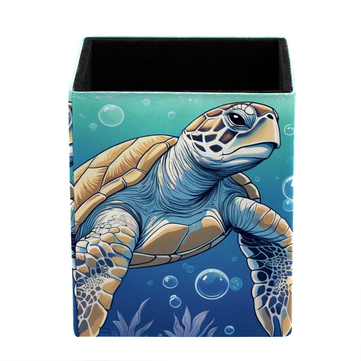 HEOEH Ocean Turtle Pen Holder Pen Pot, Square Pencil Cup for Desk