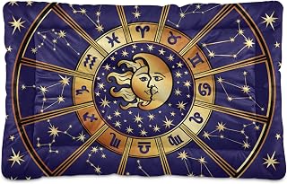 Horoscope Circle with Zodiac Signs with Sun Moon Stars Gold Blue Dog Cat Bed Mat, Soft Crate Pad Mattress Cushion for Small Medium Pets, Anti Slip Sleeping Kennel Mat Washable & Dry 24x18 inch