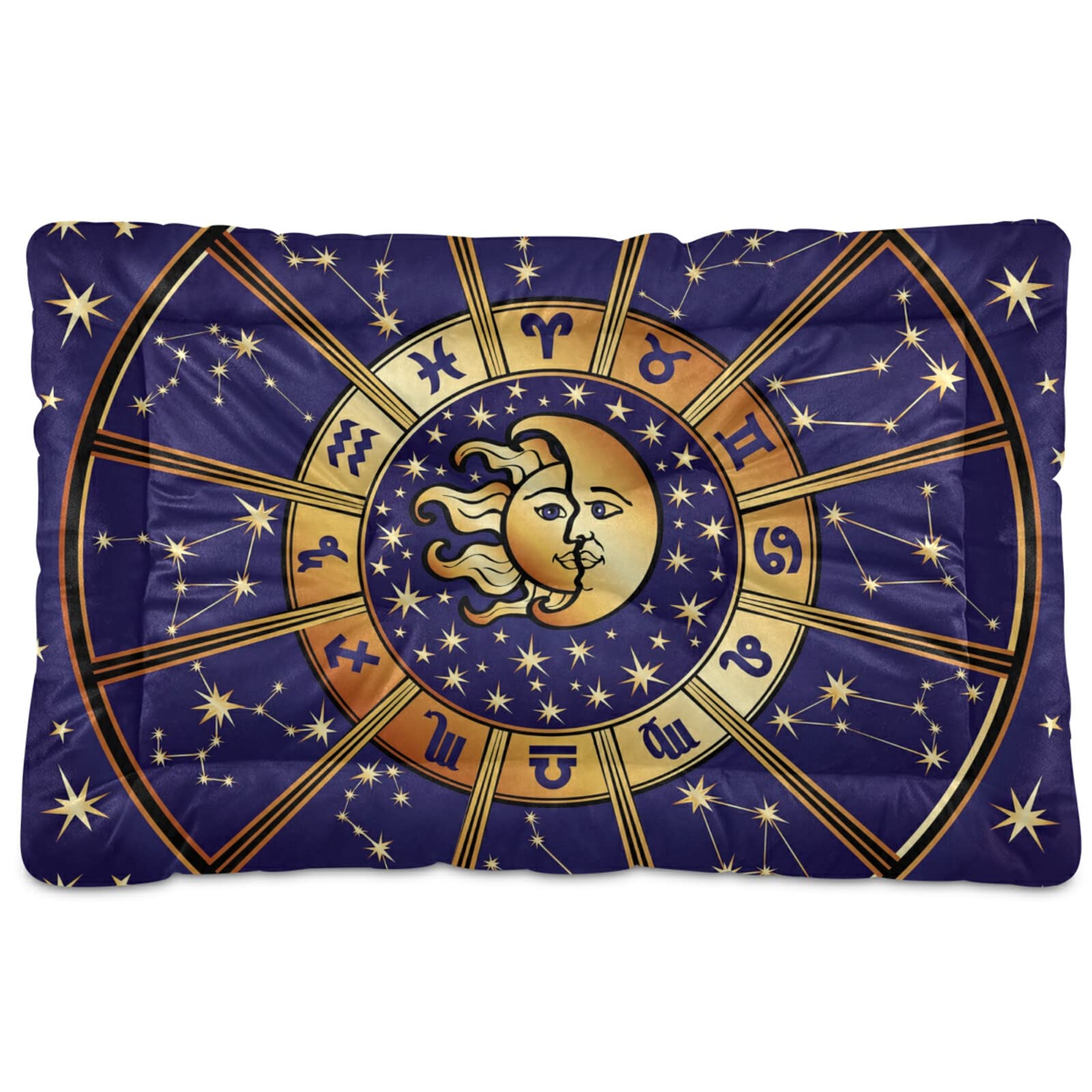 Horoscope Circle with Zodiac Signs with Sun Moon Stars Gold Blue Dog Cat Bed Mat, Soft Crate Pad Mattress Cushion for Small Medium Pets, Anti Slip Sleeping Kennel Mat Washable & Dry 24x18 inch