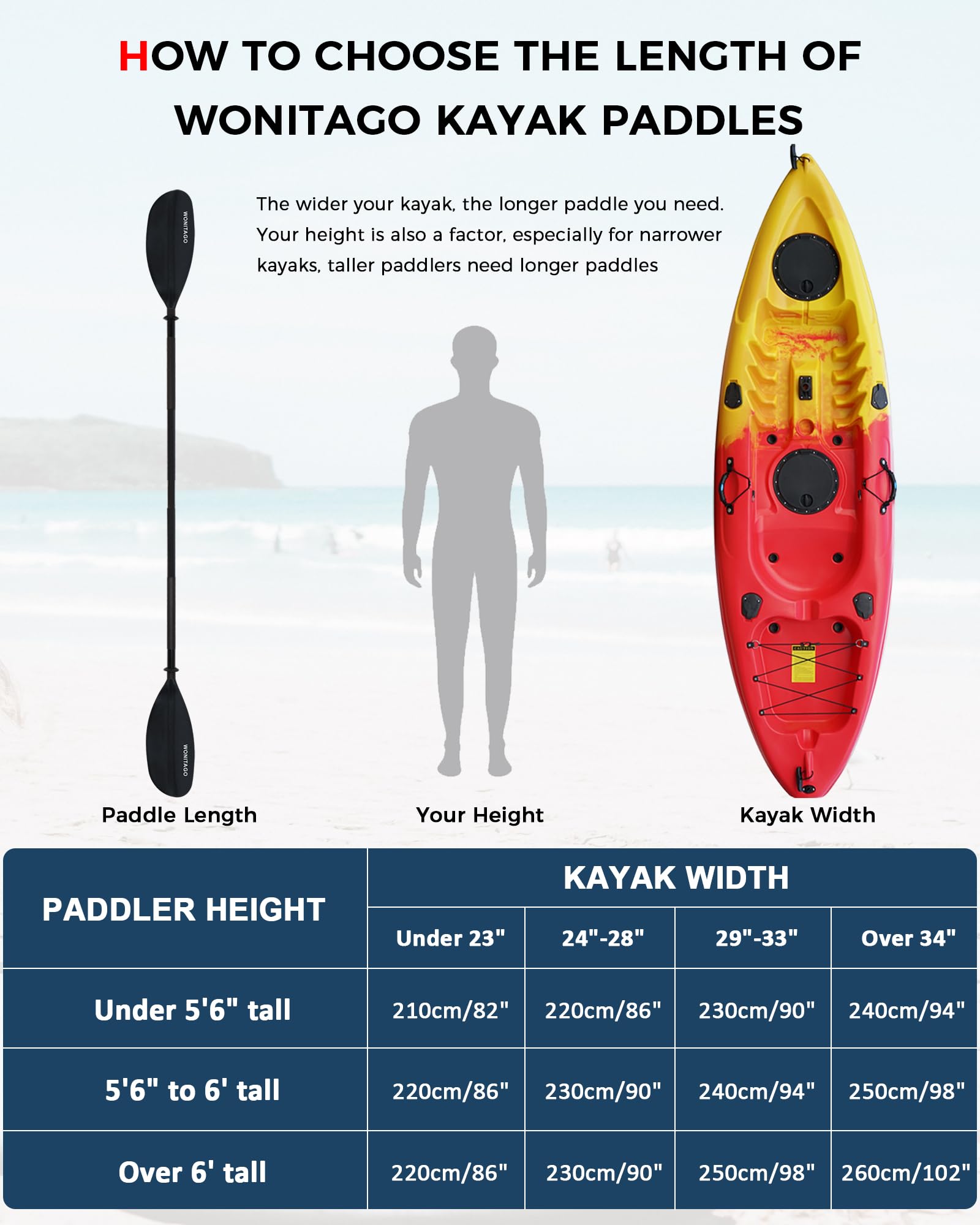 Remo para kayak con mango de aluminio y hoja de plástico, ajustable de 3 piezas, doble remo flotante para kayak, 210-230 cm