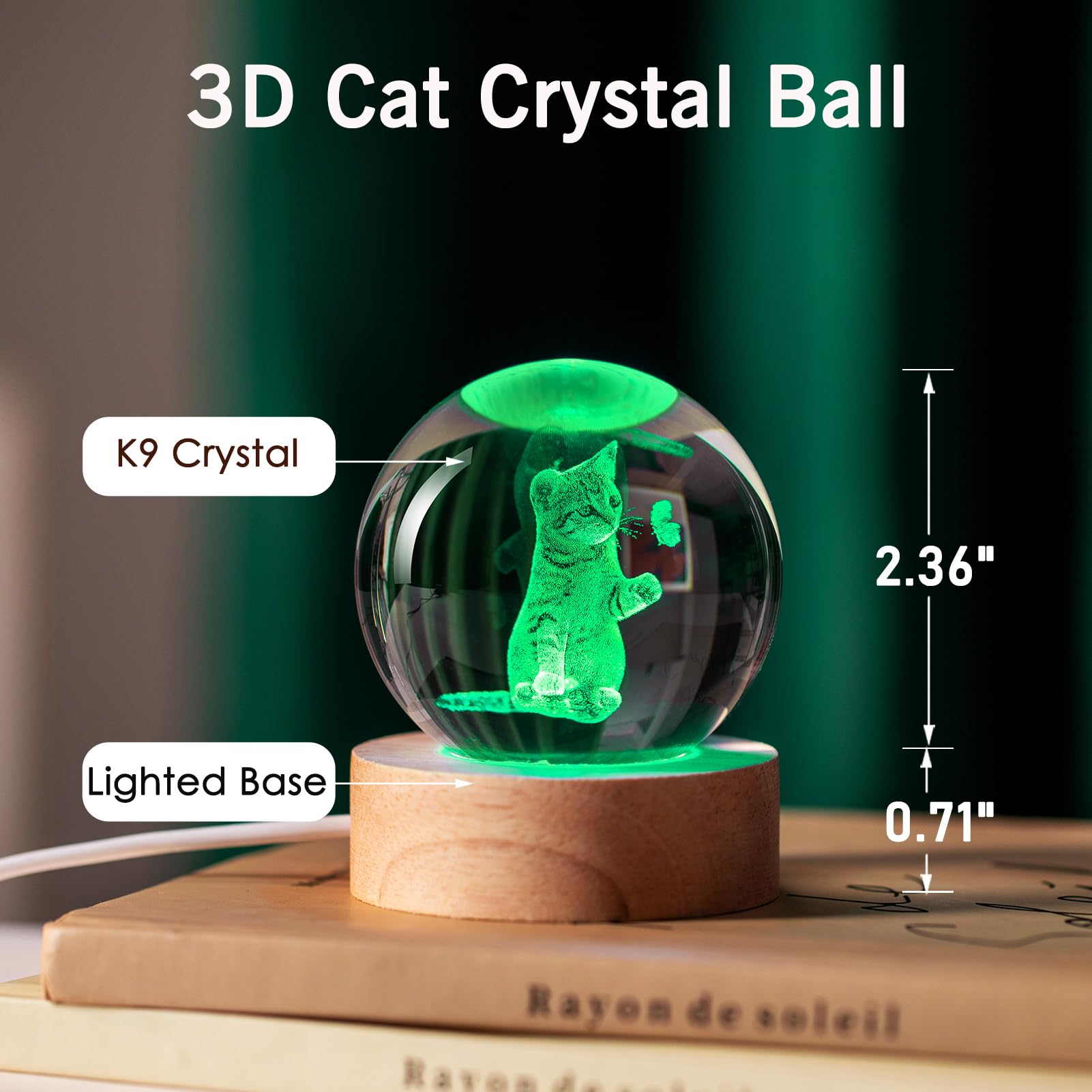 IFOLAINA Tema di sfera di cristallo 3D, regali per gli amanti dei gatti, donne, gatto, madre, sfera di vetro, gatto, regali correlati con base luminosa in legno