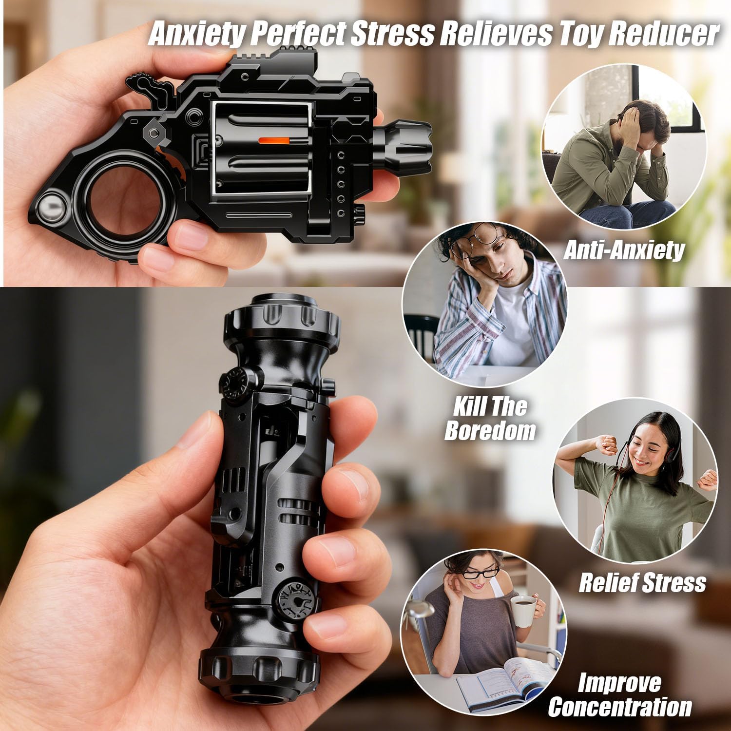 2-Pack Metal Fidget Toy Gun for Adults, 3-in-1 EDC Spinner • Slider • Clicker with Foam Darts, Stress-Relief Focus Gadget for Office & Travel, Premium Alloy Pocket Toy, Gift for Men Christmas (2Black)