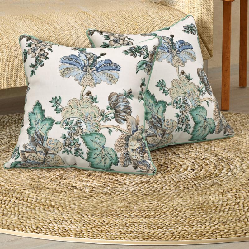 Image of Pure Cotton Quilted Cushion Cover 16x16 Inch | Anokhi Print Decorative Throw Pillow Cover | Soft Cotton Sofa Cushion Cover with Hidden Zipper | Living Room Bedroom Home Decor