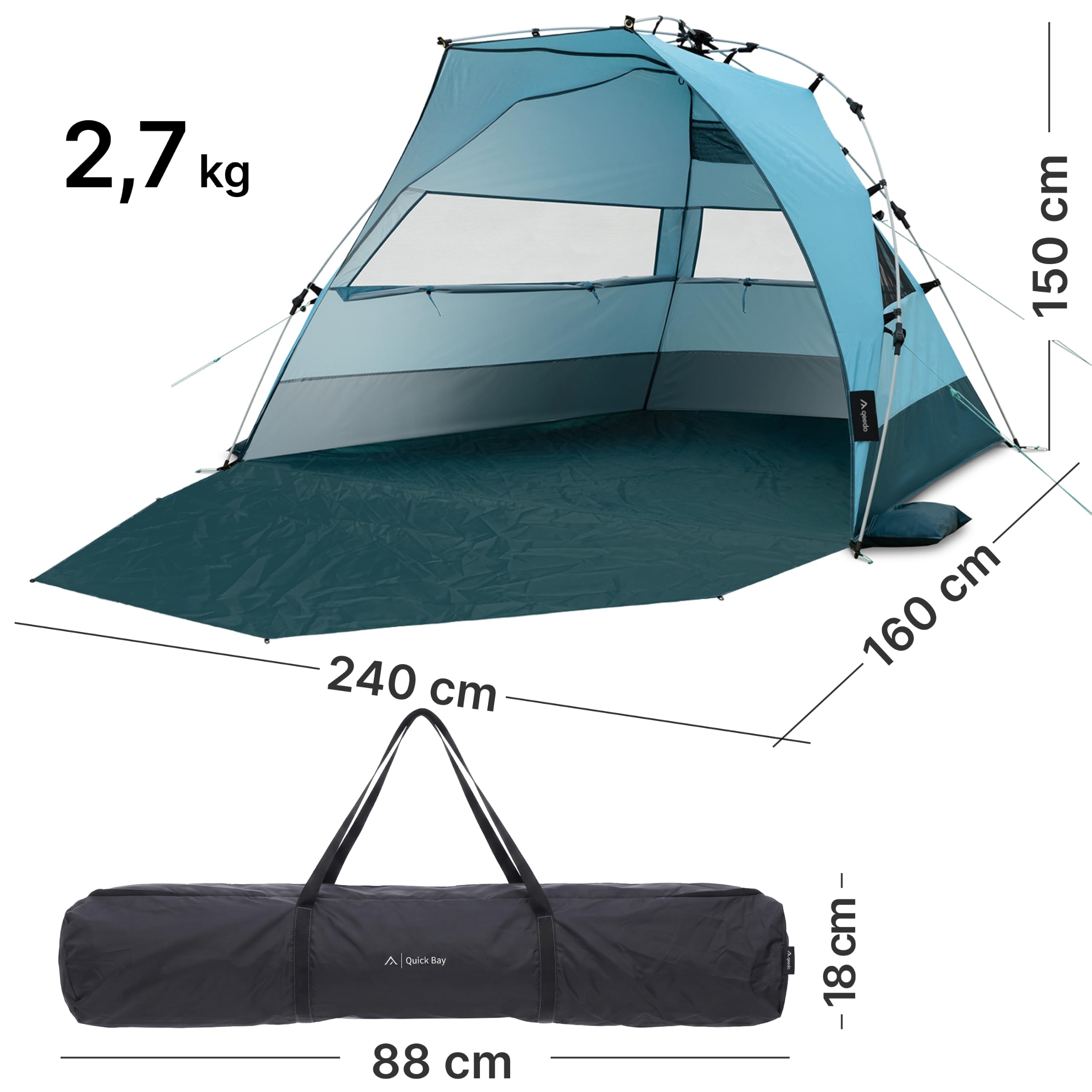 qeedo Quick Bay Pro Große Strandmuschel UV-Schutz UV80 3 Personen inkl. Sandheringe Roll-in-Bag