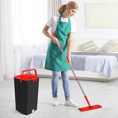 Miniatura 6 de Juego de trapeador y cubo con escurridor, trapeador de piso manos libres con 3 almohadillas de microfibra lavables y mango de acero inoxidable para