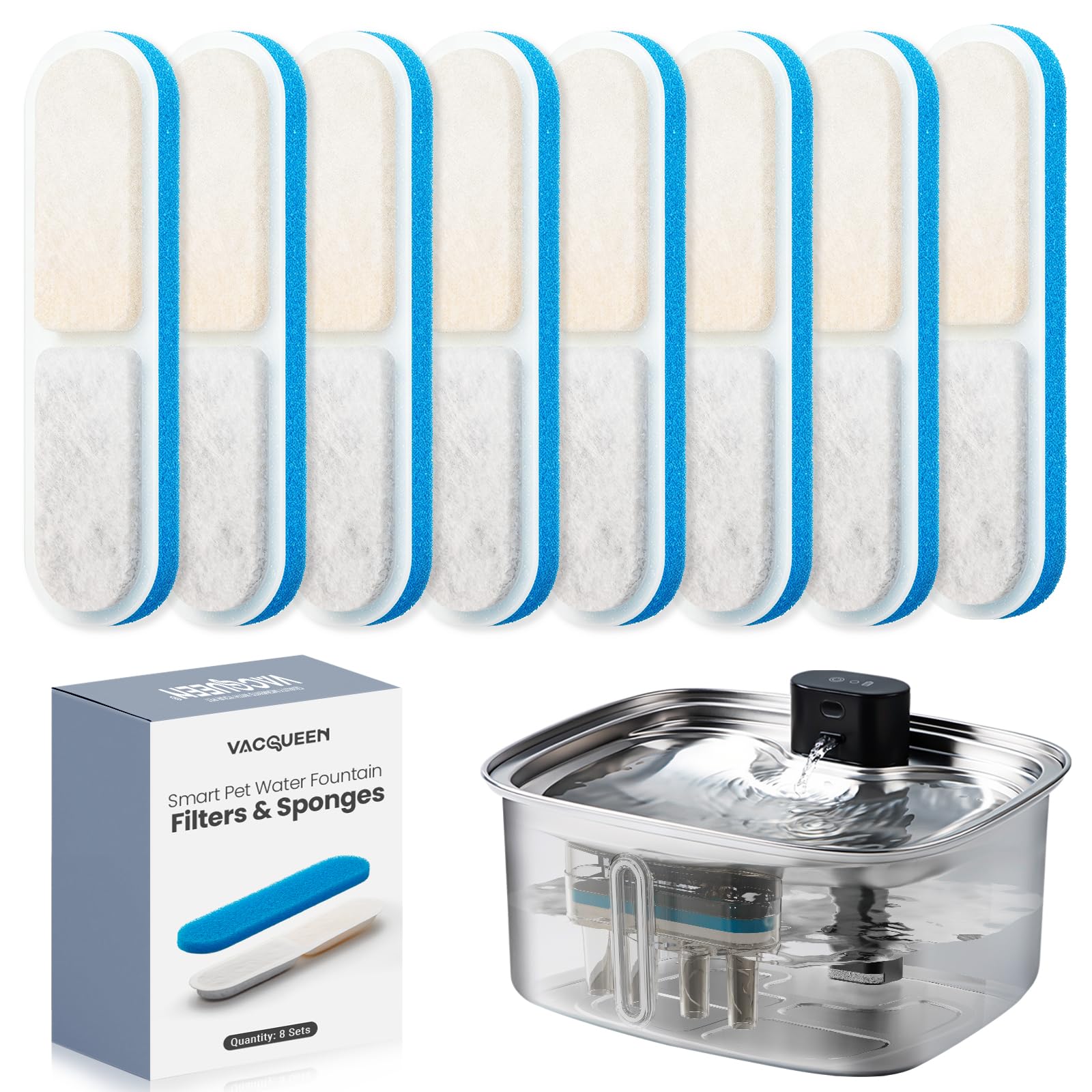 10L Pet Water Fountain Filters, Stainless Steel Dog Cat Dispenser with Wi-Fi, 2.64 Gallon Automatic Filtered Water Bowl Using Filter, 8 Filters and Sponges