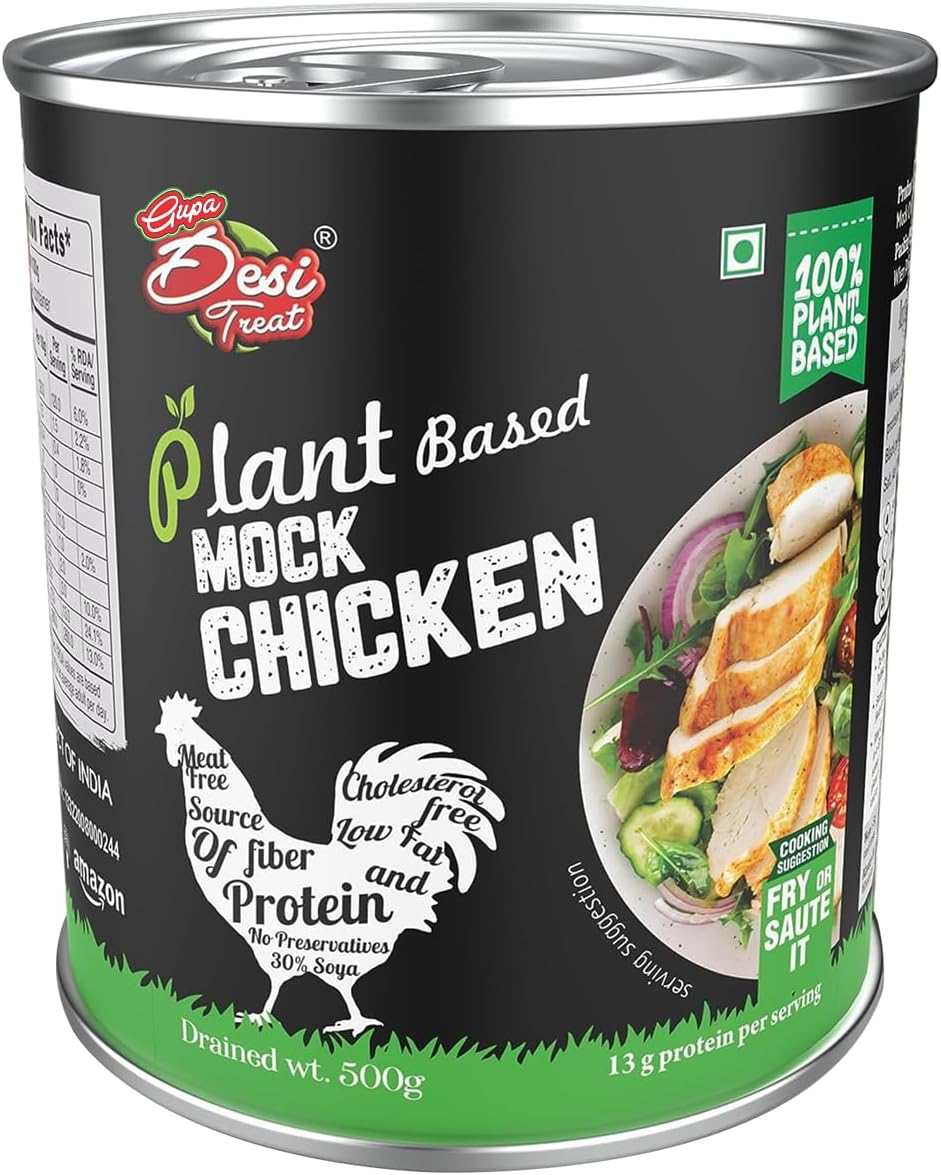 Desi Treat Vegan Mock Chicken, 800g | Free Masala Packet | Net Wt. 500g | Plant-Based Chicken | Ready to Cook | High Protein | Meat Substitute