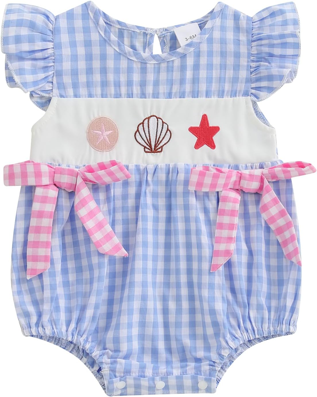 Newborn Baby Girl Outfit Starfish Shell Plaid Flying Sleeve Smocked Bubble Romper Infant Bodysuit Summer Ocean Clothes