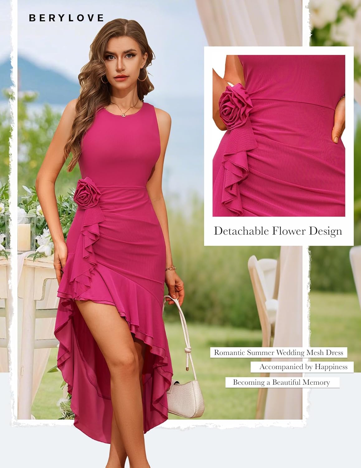 BeryLove Summer Wedding Guest Mesh Dresses Cocktail Formal Bodycon Ruffle Party High Low Dress - Image 4