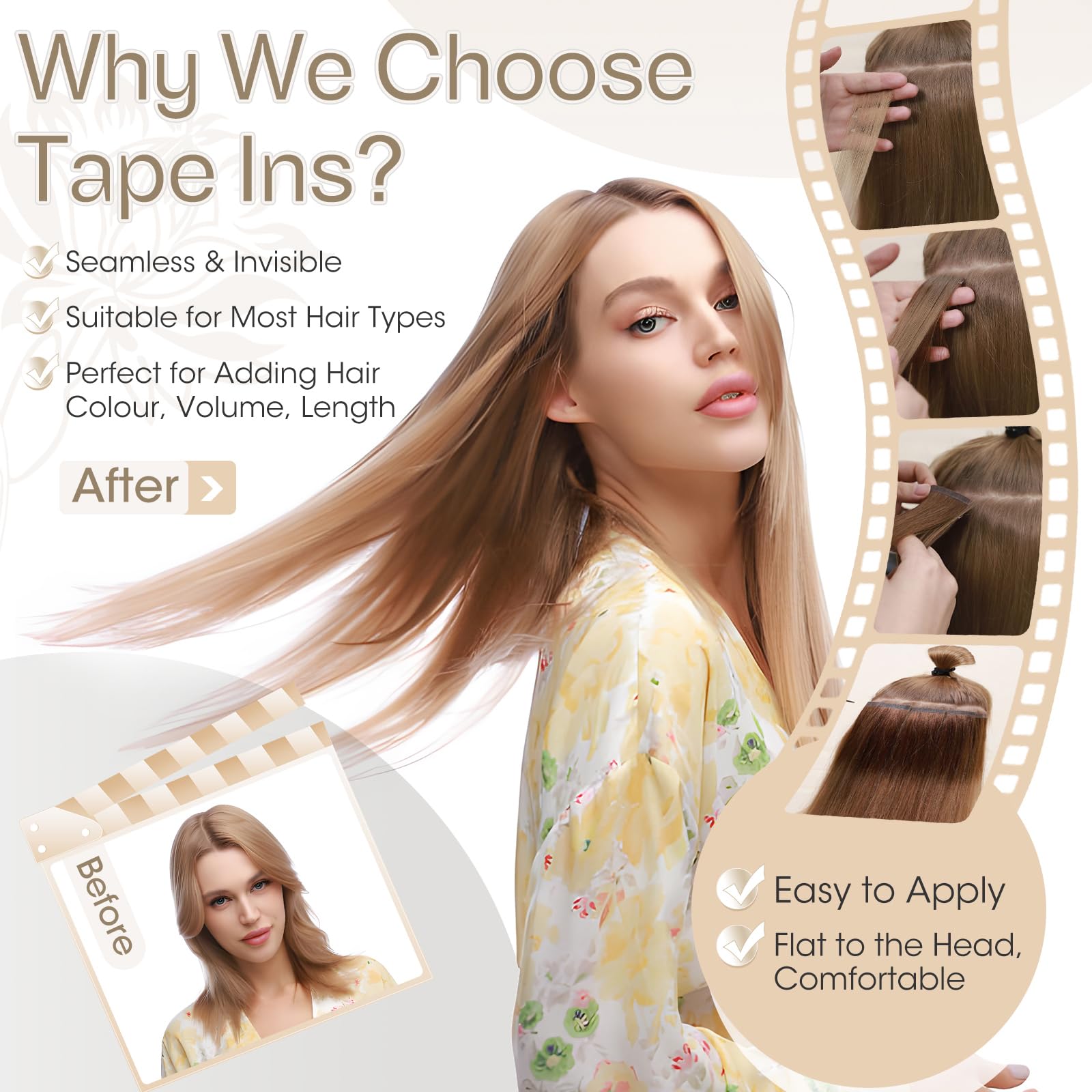 Elailite Tape in Hair Extensions Real Human Hair #6 Light Brown Skin Weft Remy Hair Extensions Straight Long 20 Pcs 24 Inch 50g - Image 2