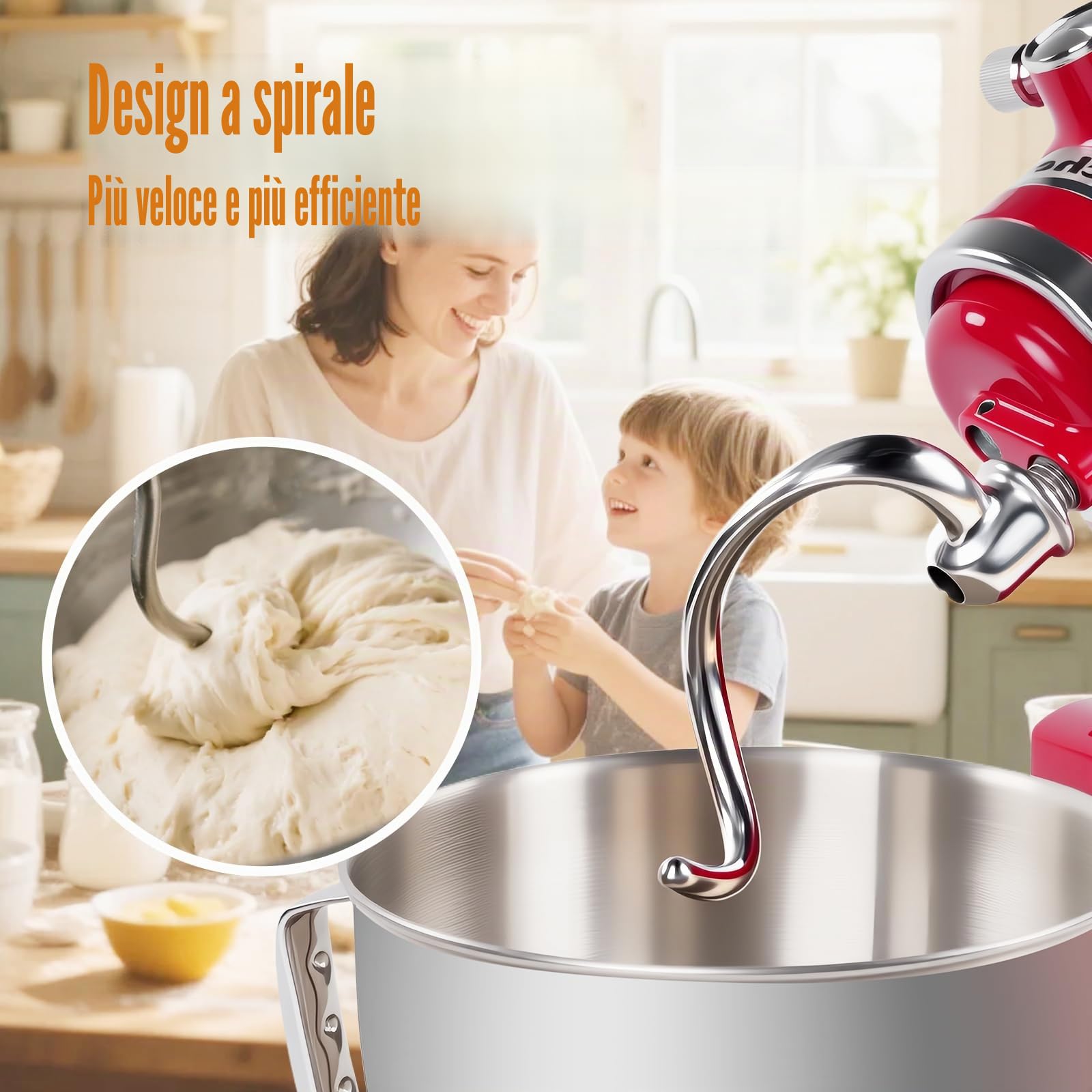 Gancio per impasto a spirale in acciaio inossidabile compatibile con i mixer da banco KitchenAid con testa inclinabile da 4,5 e 5 quarti, design a spirale versatile, impasto efficiente, lavabile in