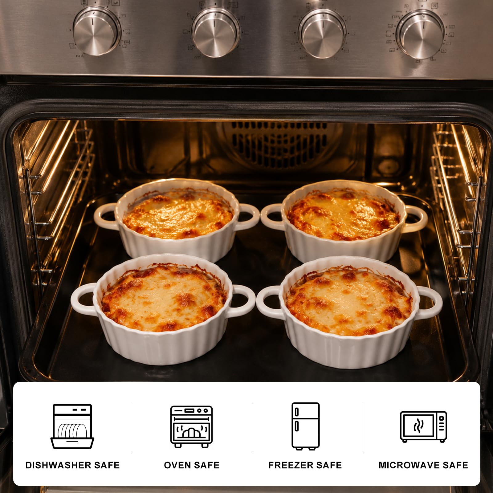 Lot de 6 ramequins en céramique - 200 ml - Soufflé - Avec poignées - Pour four et micro-ondes - Passe au four à crème brûlée - Pour ragoût fin - Blanc - 12,7 cm
