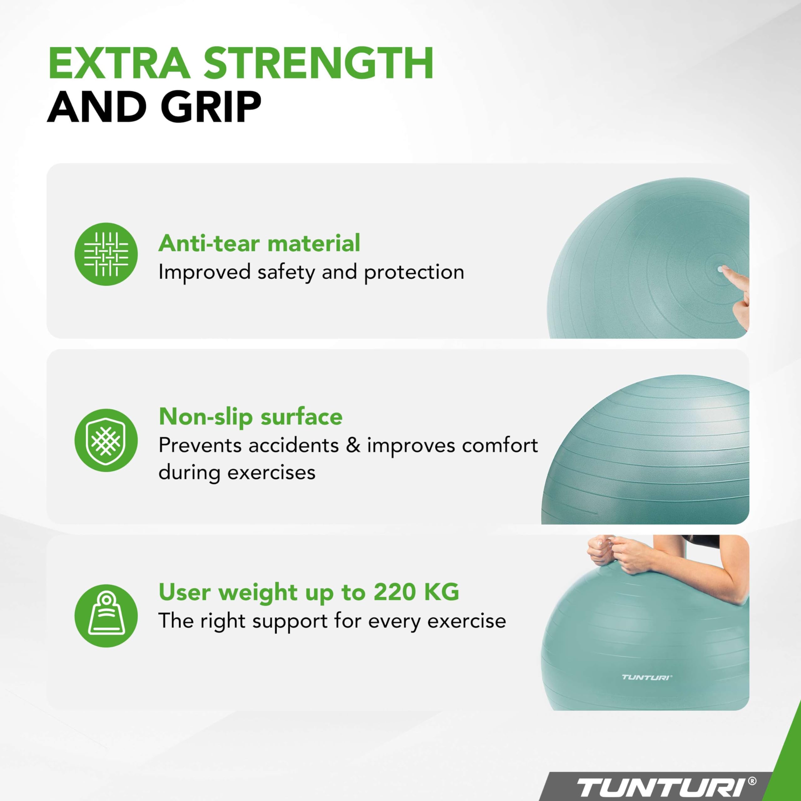 Tunturi Anti Burst Fitness Ball avec Pompe - Ballon de Yoga de 90 cm - Ballon de Pilates - Ballon de Grossesse – Poids utilisateur de 220 kg - INCL Application d'entraînement – Pétrole