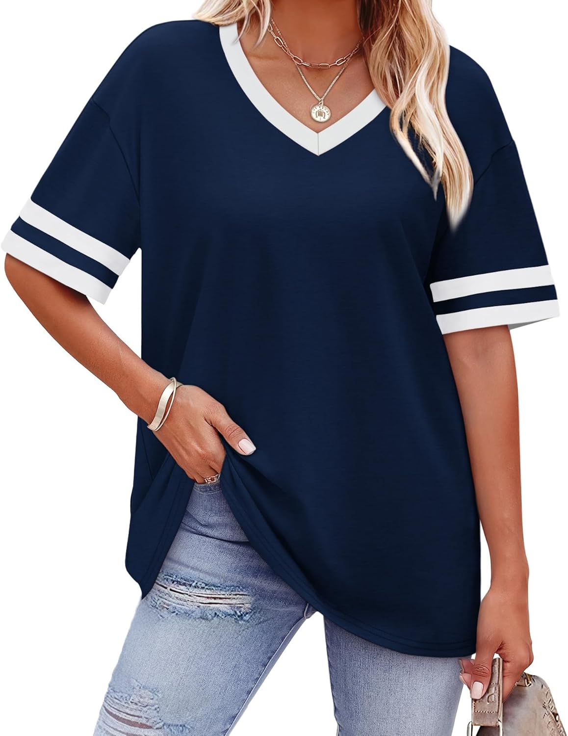 WIHOLL Womens T Shirts Loose Fit Short Sleeve Tees V Neck Color Block Summer Tops 2026 Fashion S-3XL