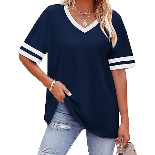 WIHOLL Womens T Shirts Loose Fit Short Sleeve Tees V Neck Color Block Summer Tops 2026 Fashion S-3XL