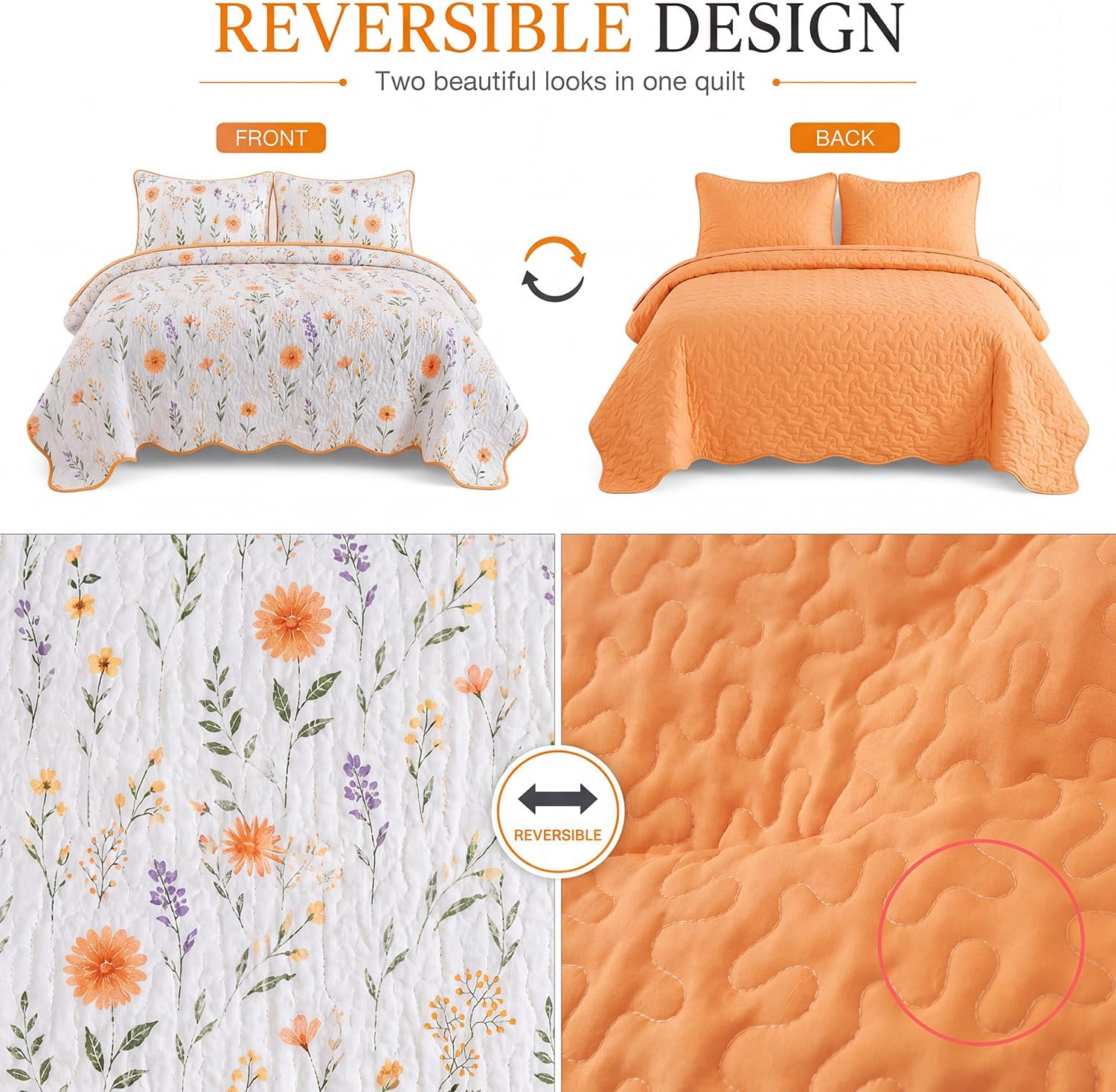 BOV Floral Quilt Set Queen Size 92x96 Inch, Lightweight Botanical Bedspread with 2 Pillow Shams, Soft Breathable Summer Bedding, Reversible Flower Coverlet for Bedroom Guest Room Decor