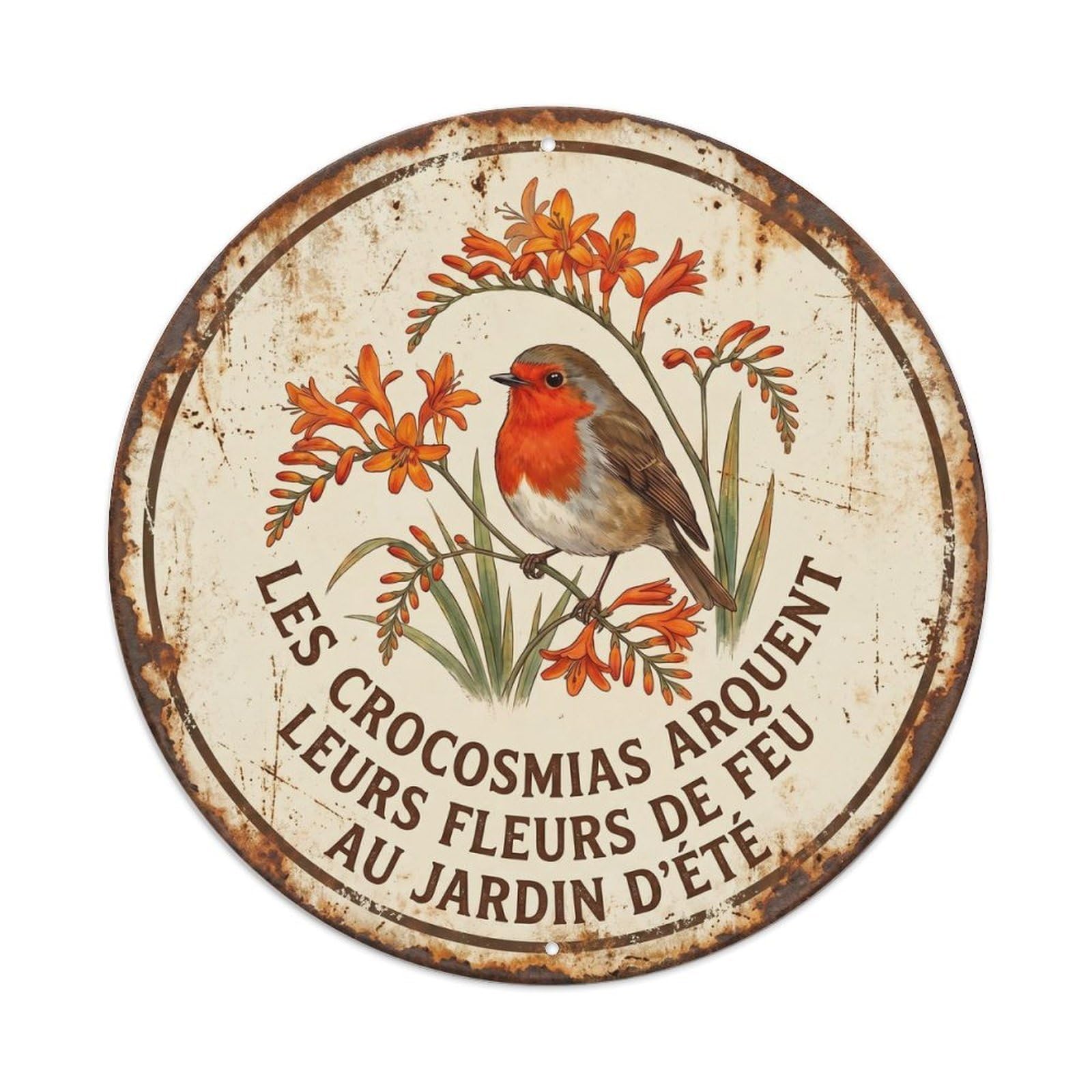 Robin Bird Garden Quote Crocosmia CircleMetal Tin Sign