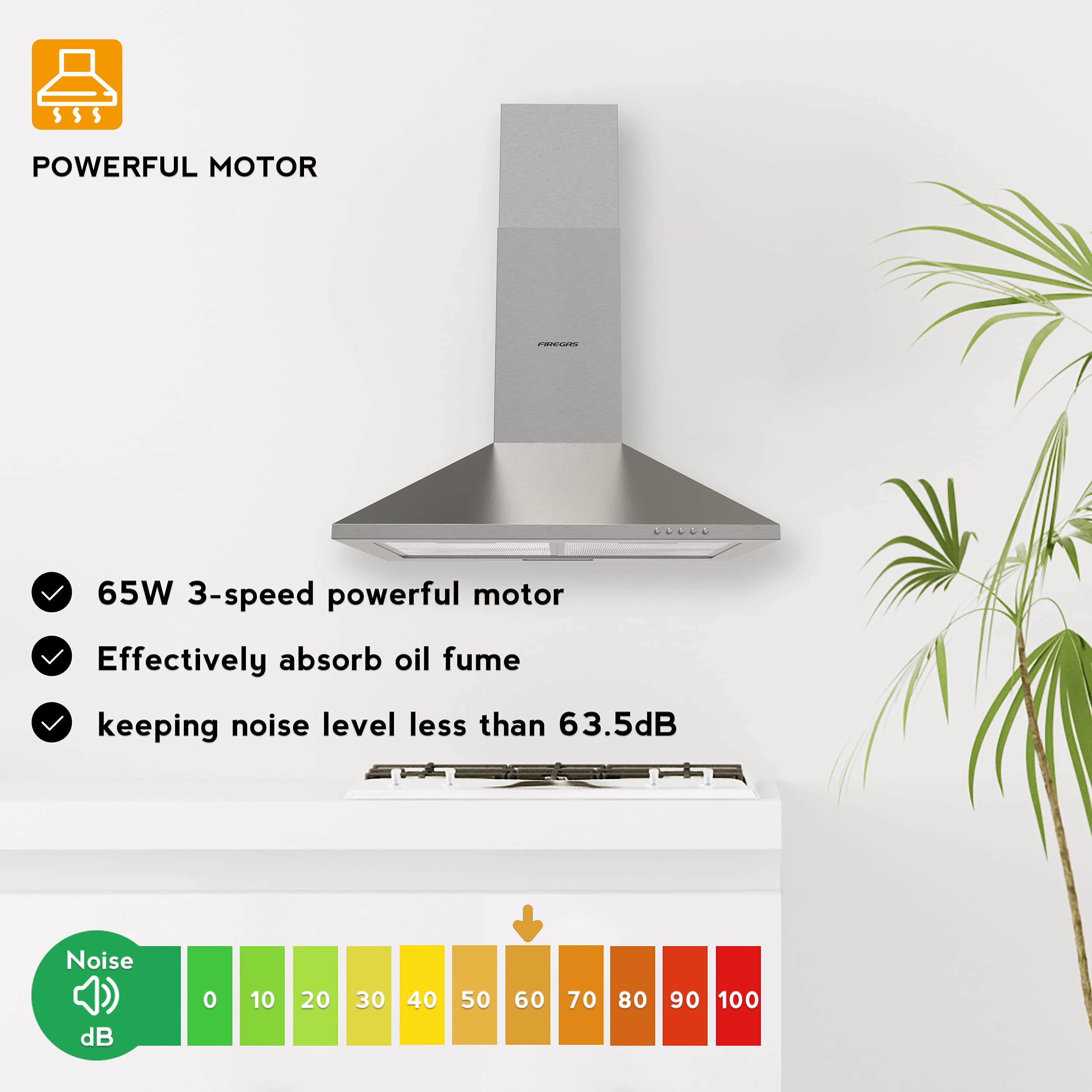 FIREGAS Cooker Hoods 60cm with Carbon Filters 308m³/h Stainless Steel Extractor Hood Recirculating Cooker Hood 600mm Kitchen Extractor Fan,Silver - 4