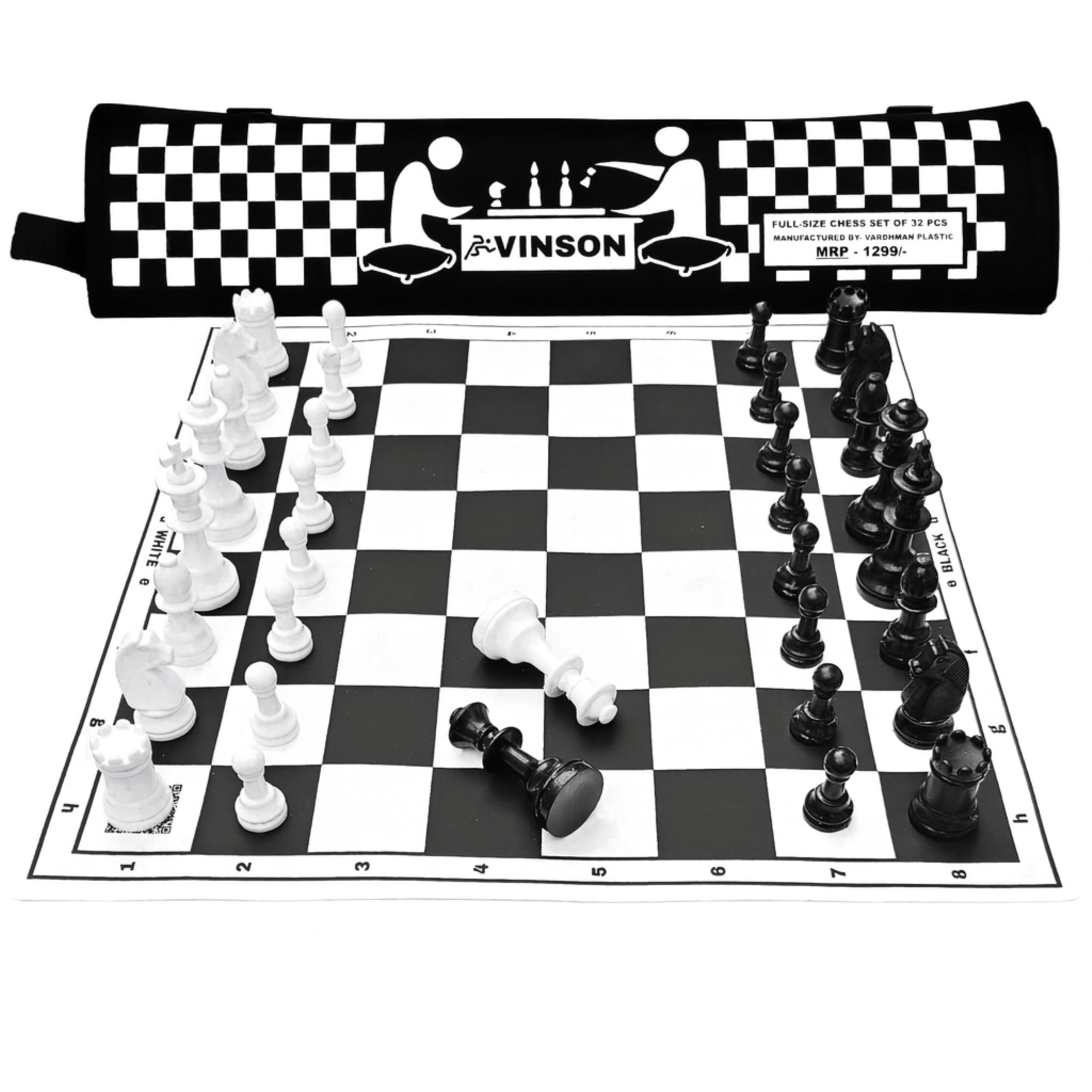 Vinson Tournament Chess Set with Vinyl Foldable Roll-up Black & White Matt, 32 Big Solid Plastic Heavy Weight Pieces & 2 Extra Queens with Storage Bag, Size - 17" by 17"-image-45