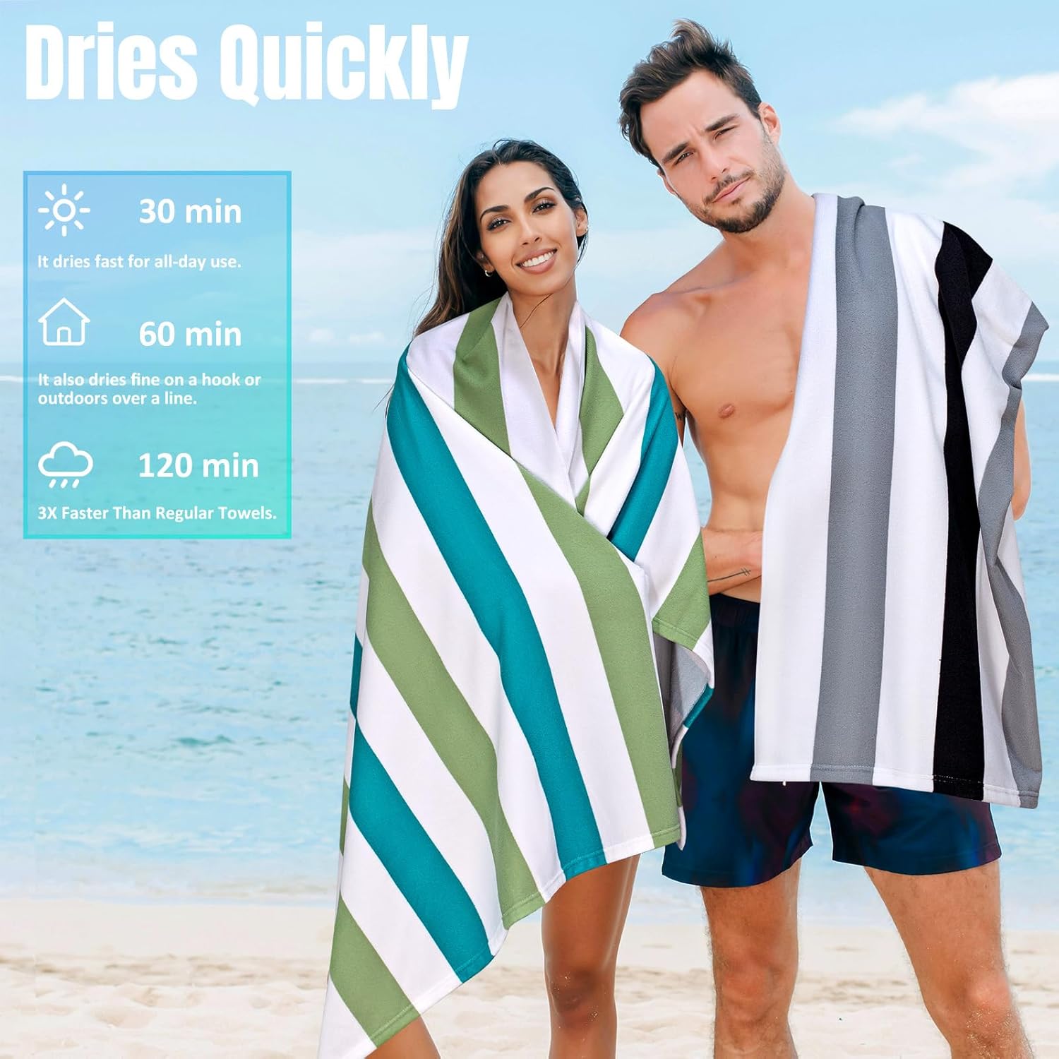 cabanana Large Oversized Beach Towel - Microfiber Sand Free 35 x 70 Inch Quick Dry Lightweight Pool Towel for Adults, Thin Striped Swim Towel (Black) - Image 3