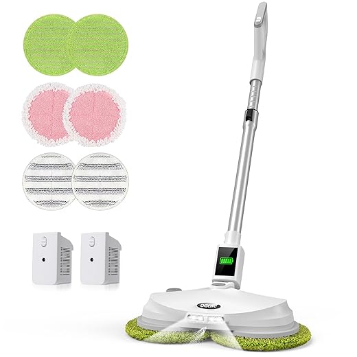 OGORI Cordless Electric Spin Mop - Dual-Motor Floor Cleaner Machine with Water Spray and LED Headlight - Electric Mops for Floor Cleaning with 400ml Water Tank and 2 Detachable Batteries