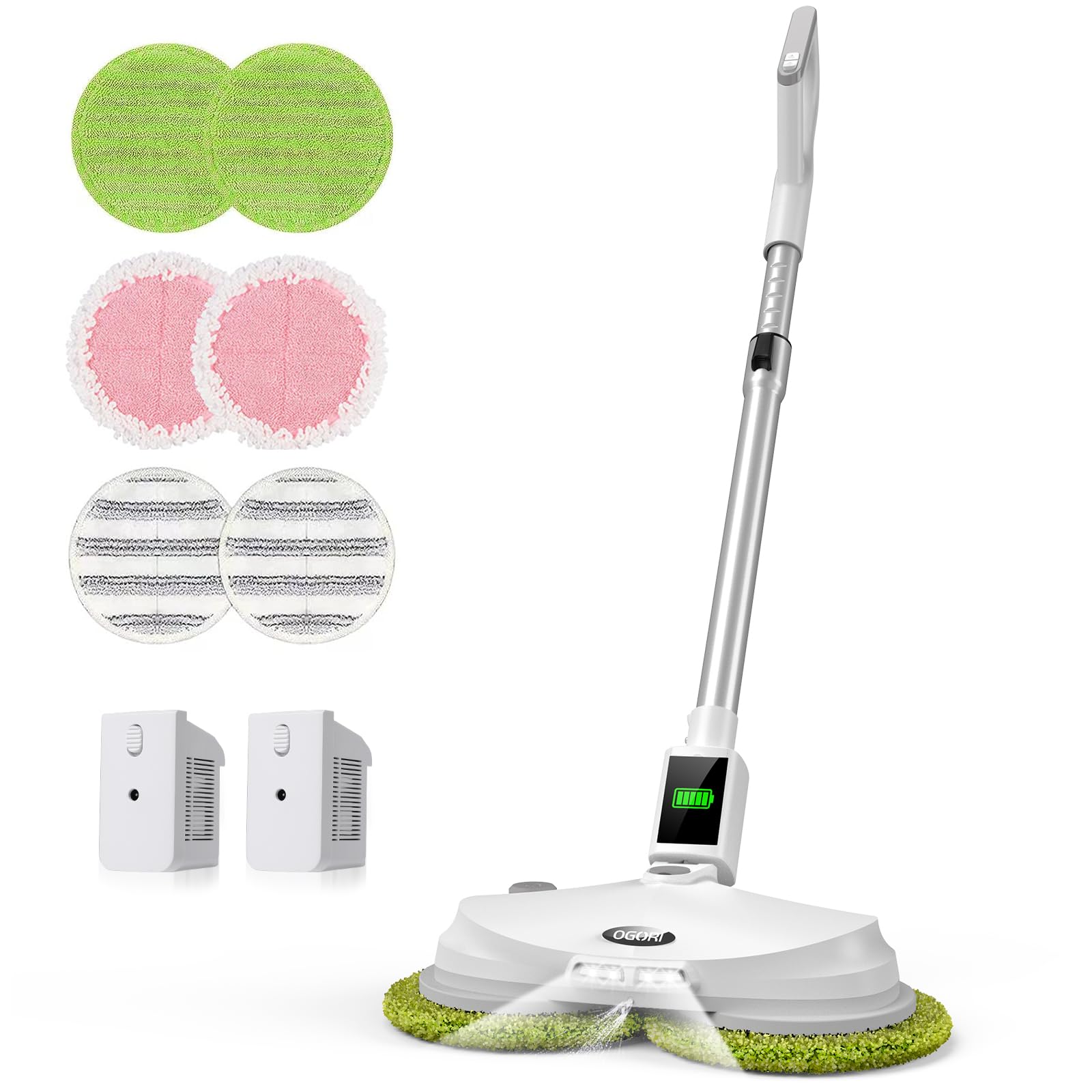 OGORI Cordless Electric Mop, Dual Spin Floor Cleaning Mop with 2 Batteries/Water Sprayer/LED Headlight,Handheld Polisher Scrubber with 400 ML Water Tank for Multi Floors