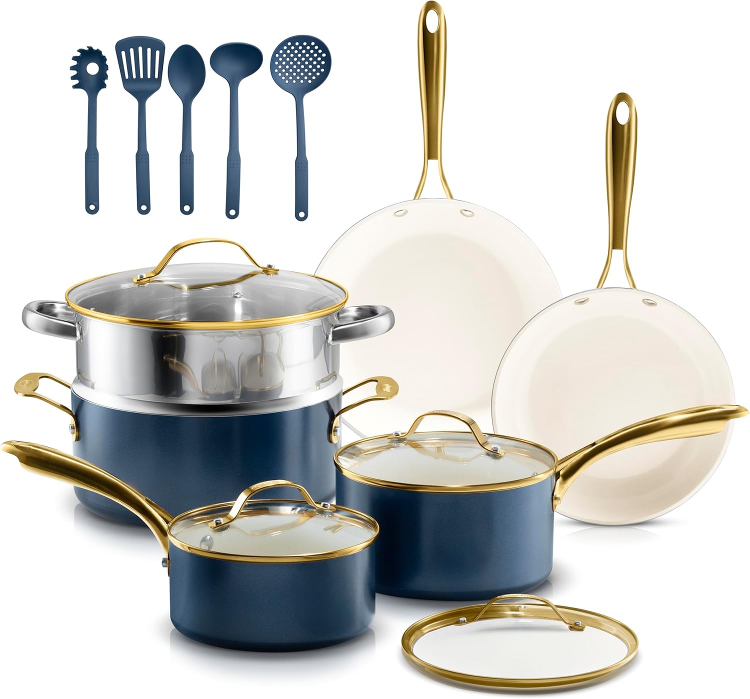 Gotham Steel 15 Piece Pots and Pans Set Nonstick Ceramic Cookware with Steamer & Utensils, Non Toxic PFAS PFOA PFOS PTFE Free, Oven Safe 500°F, Dishwasher Safe, Stay Cool Handles, Navy Gold