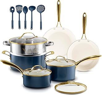 15 Pc Ceramic Cookware Set Nonstick, Ceramic Pots and Pans Set Non Stick with Steamer & Cooking Utensils, Non Toxic PFOA PFOS Free, Premium Stay Cool Handles, Oven & Dishwasher Safe