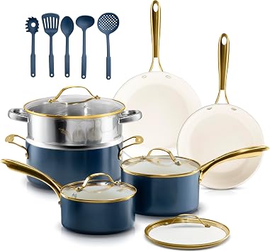 15 Pc Pots and Pans Set Non Stick - Gotham Steel Ceramic Cookware Set, Diamond Reinforced Nonstick, PFOA & PFAS Free, Non Toxic Kitchen Cookware, Oven Safe to 500F, Dishwasher Safe - Navy