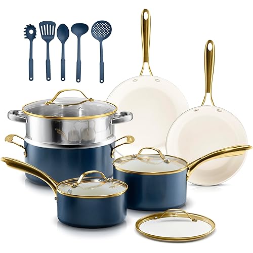Gotham Steel 15 Pc Ceramic Cookware Set Nonstick, Ceramic Pots and Pans Set Non Stick with Steamer & Cooking Utensils, Non Toxic PFOA PFOS Free, Premium Stay Cool Handles, Oven & Dishwasher Safe