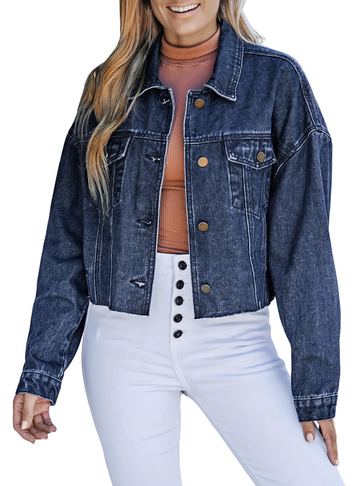 Photo 1 of Dokotoo Women's Jean Jackets Distresse Oversized Stretch Button Up Cropped Denim Jacket Trucker Coats Large Dark Blue