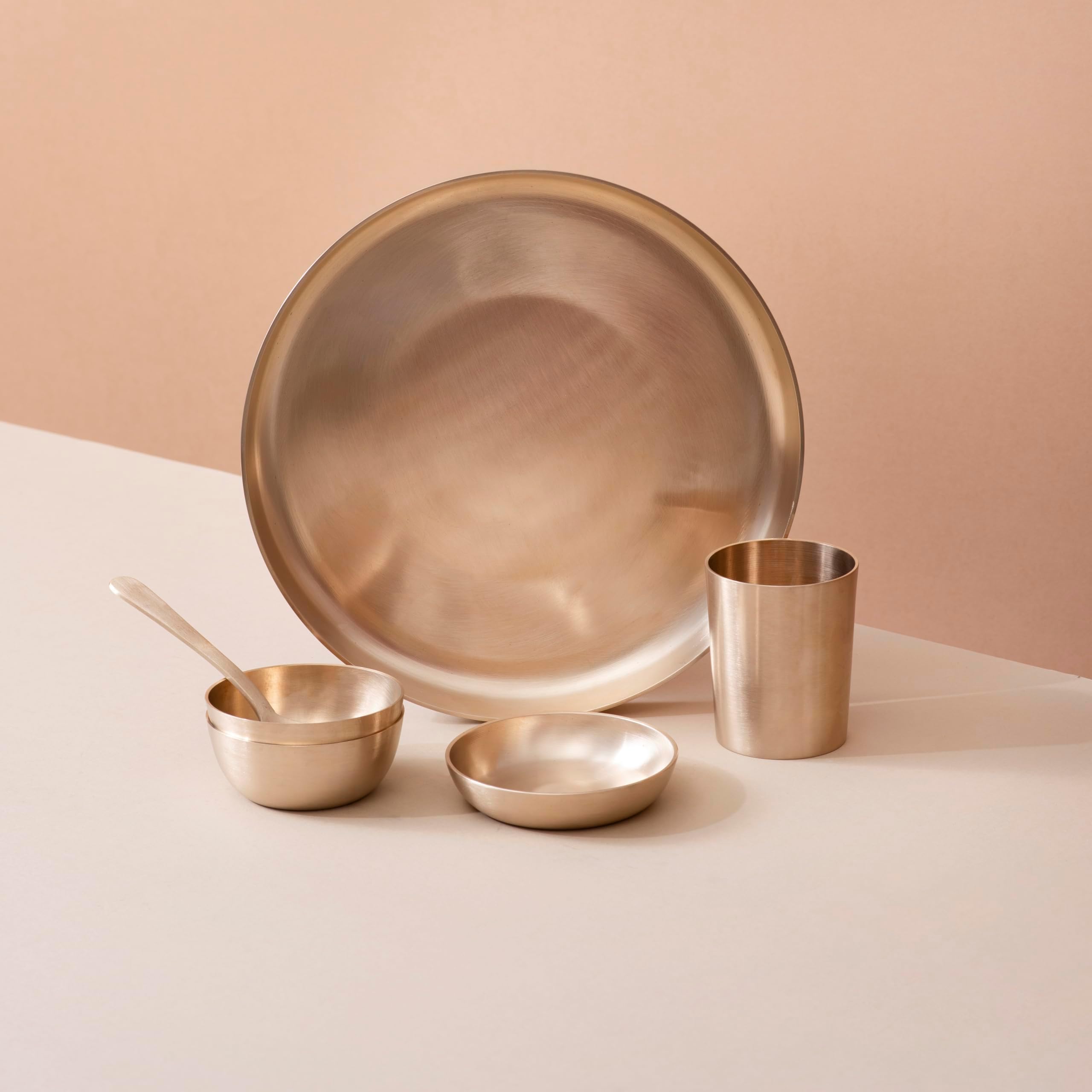 Veda Essentials. 6-Piece Kansa Solid Dinner Set|Matte Finish|1 Plate (10.5 Thali),2 Bowls,1 Glass,1 Sweet Dish Plate,1 Spoon|Authentic Indian Dining Collection - Bronze Dinner Set